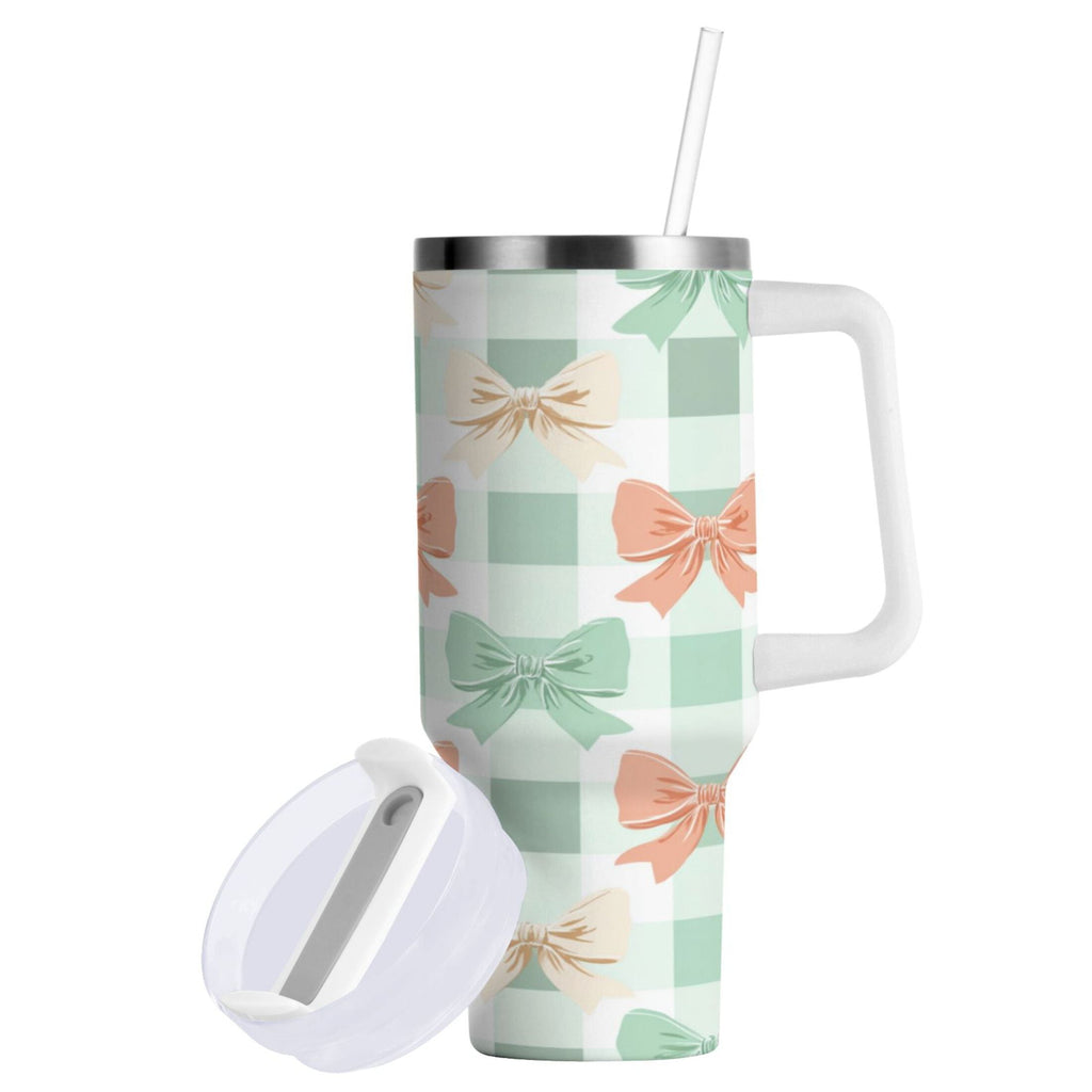 40 oz Insulated Stainless Steel Tumbler Double Wall Stainless Steel Tumbler with 2-Way Drinking Green and Peach Bow Pattern - Pick 342