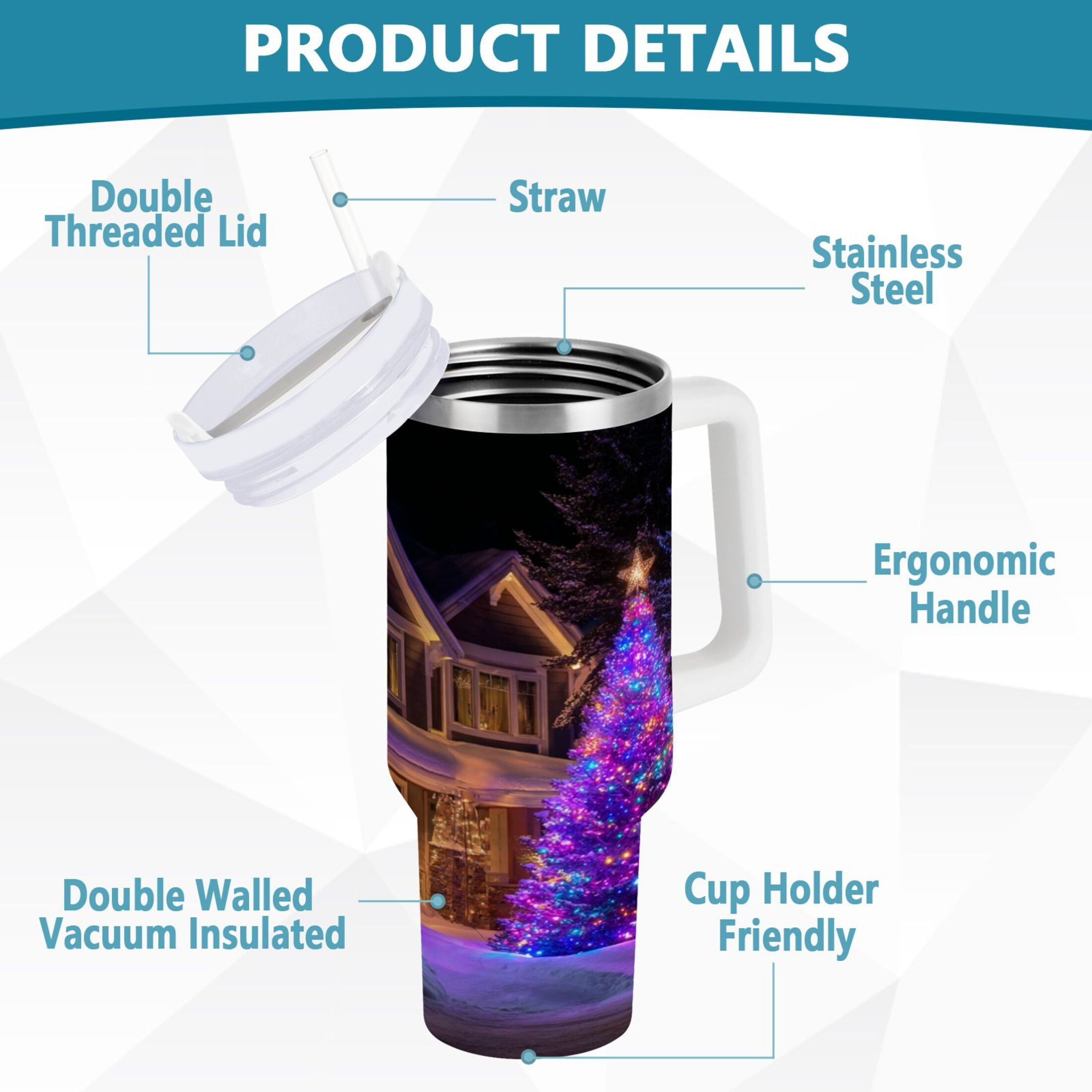 40 oz Insulated Stainless Steel Tumbler Double Wall Stainless Steel Tumbler with 2-Way Drinking Christmas Trees with Lights - Pick 867