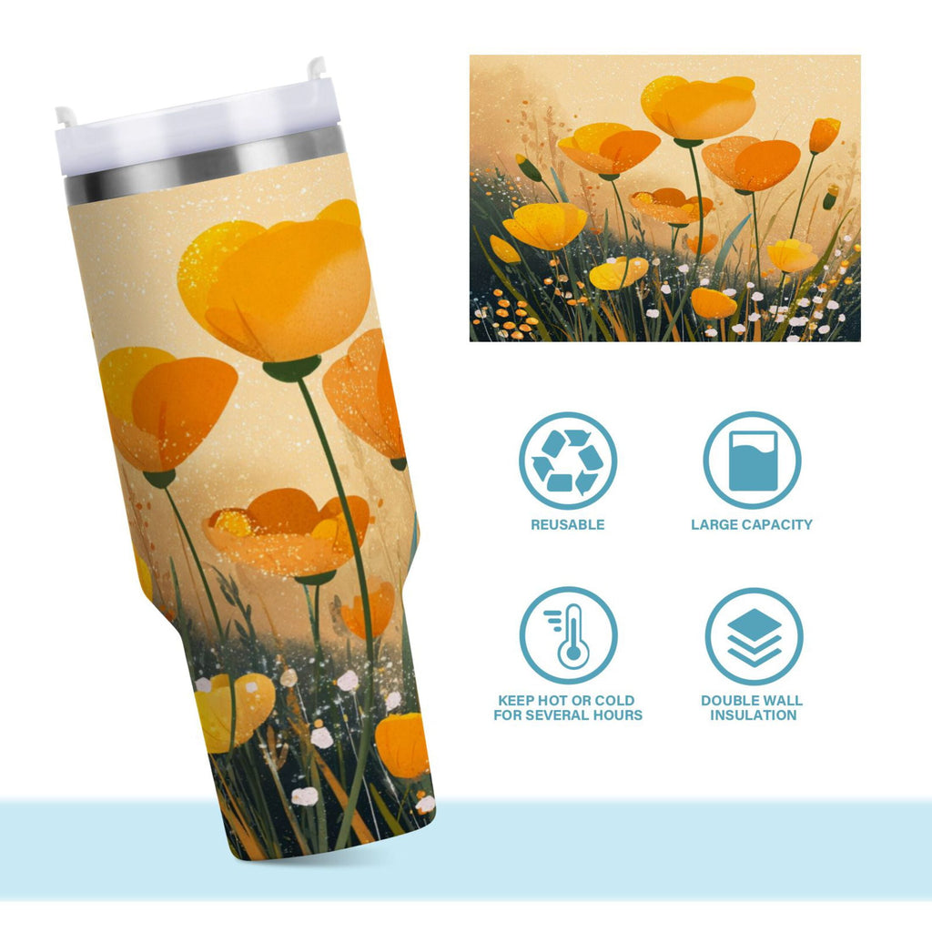 30 oz Insulated Stainless Steel Tumbler Double Wall Stainless Steel Tumbler with 2-Way Drinking Yellow Flowers on The Grass - Pick 565