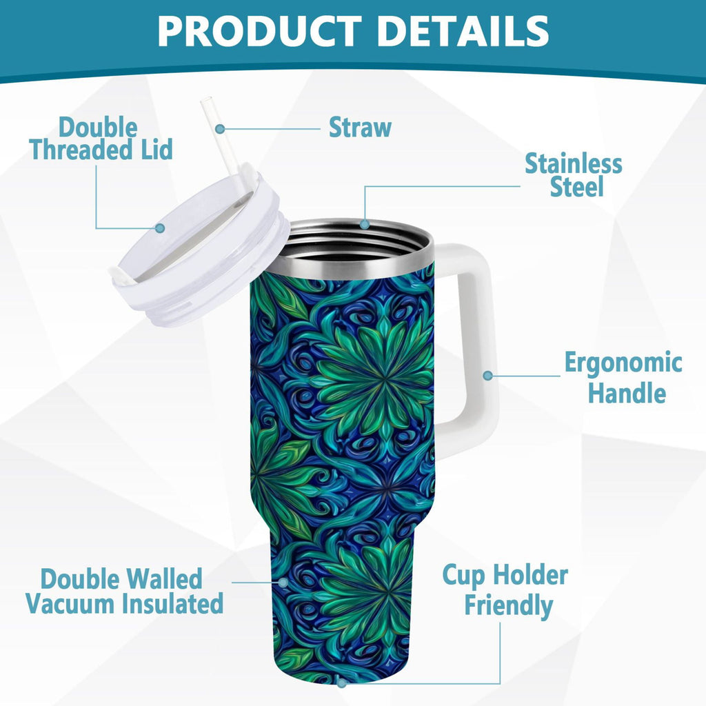 40 oz Insulated Stainless Steel Tumbler Double Wall Stainless Steel Tumbler with 2-Way Drinking Elegant Blue Traditional Patterns - Pick 761