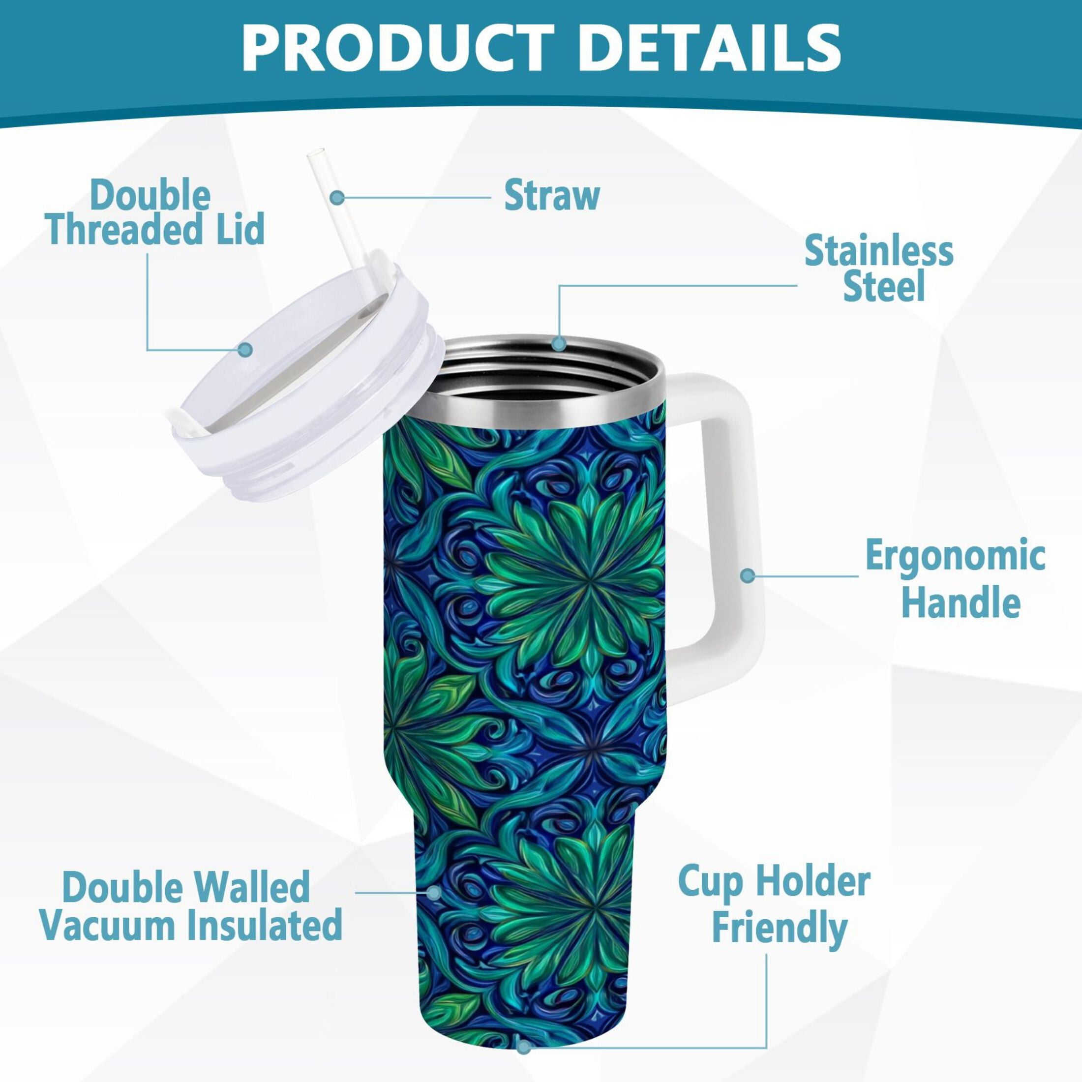 40 oz Insulated Stainless Steel Tumbler Double Wall Stainless Steel Tumbler with 2-Way Drinking Elegant Blue Traditional Patterns - Pick 761
