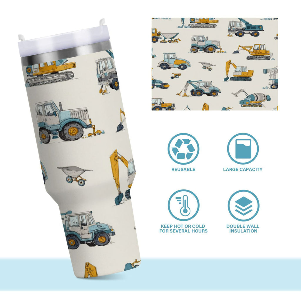30 oz Insulated Stainless Steel Tumbler Double Wall Stainless Steel Tumbler with 2-Way Drinking Engineering Vehicle Pattern - Pick 402