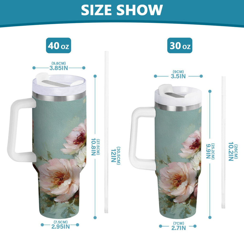 40 oz Insulated Stainless Steel Tumbler Double Wall Stainless Steel Tumbler with 2-Way Drinking Vintage Peonies and Daisies - Pick 466