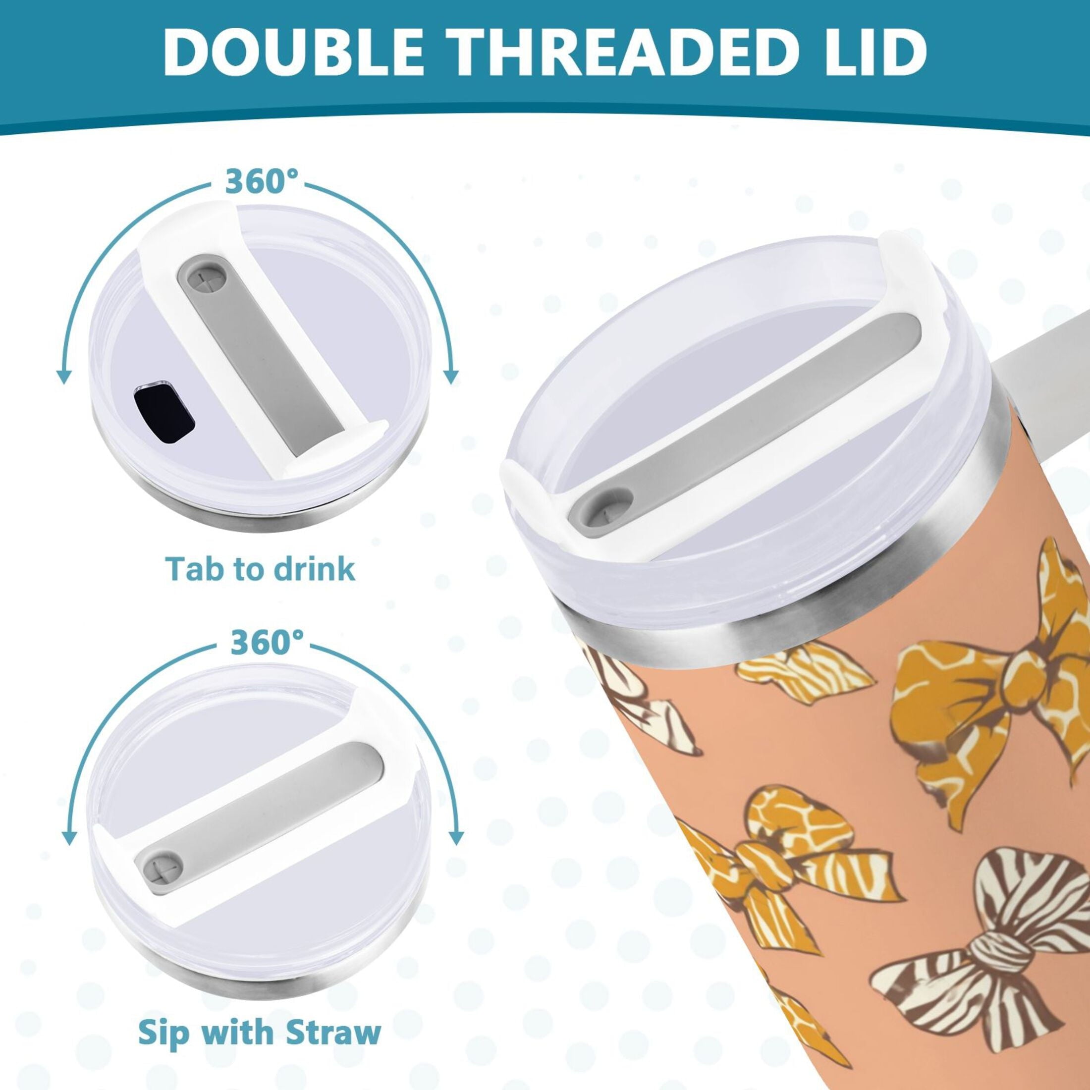 40 oz Insulated Stainless Steel Tumbler Double Wall Stainless Steel Tumbler with 2-Way Drinking Cute Animal Print Bows - Pick 695