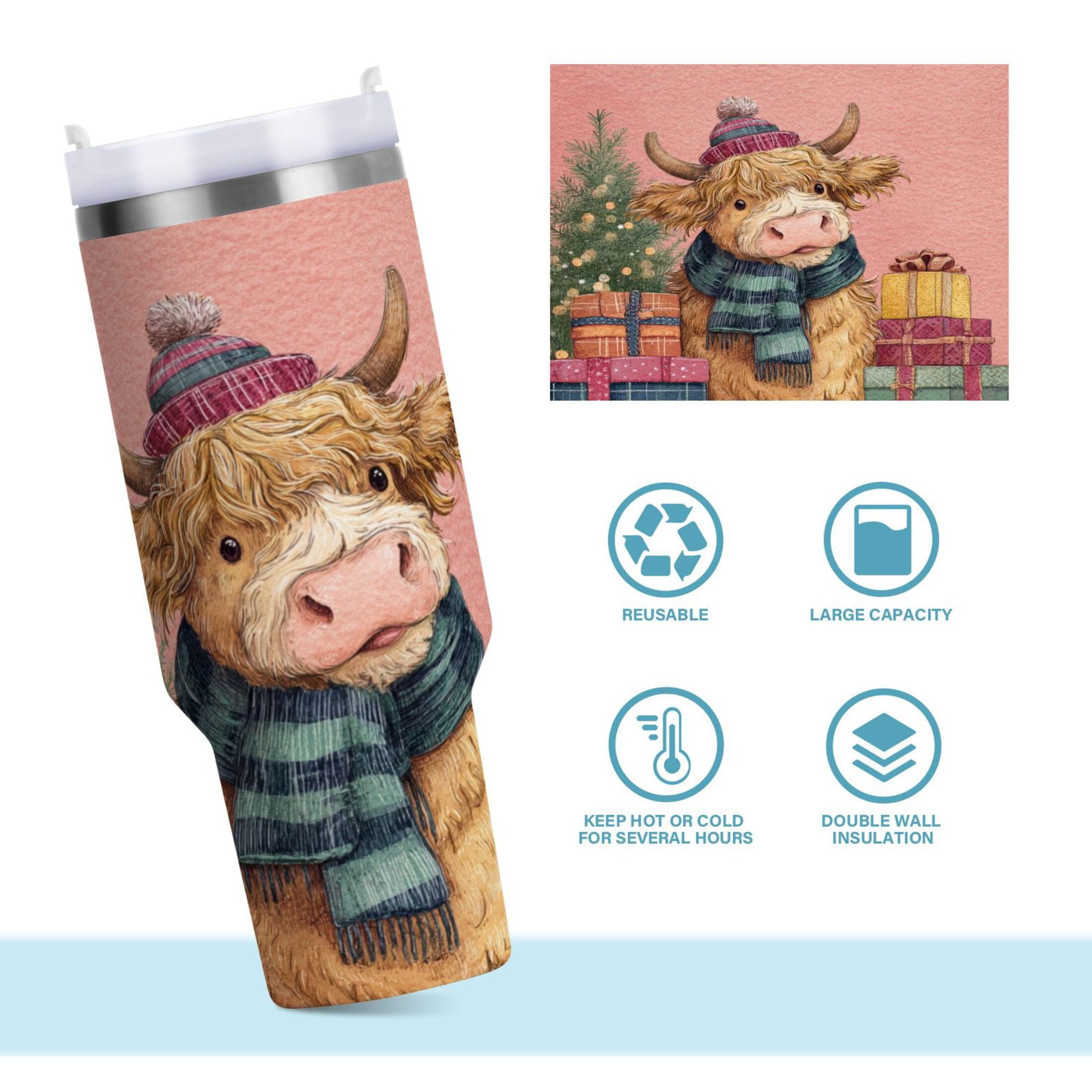 30 oz Insulated Stainless Steel Tumbler Double Wall Stainless Steel Tumbler with 2-Way Drinking Cow Wearing Scarf and Hat - Pick 220
