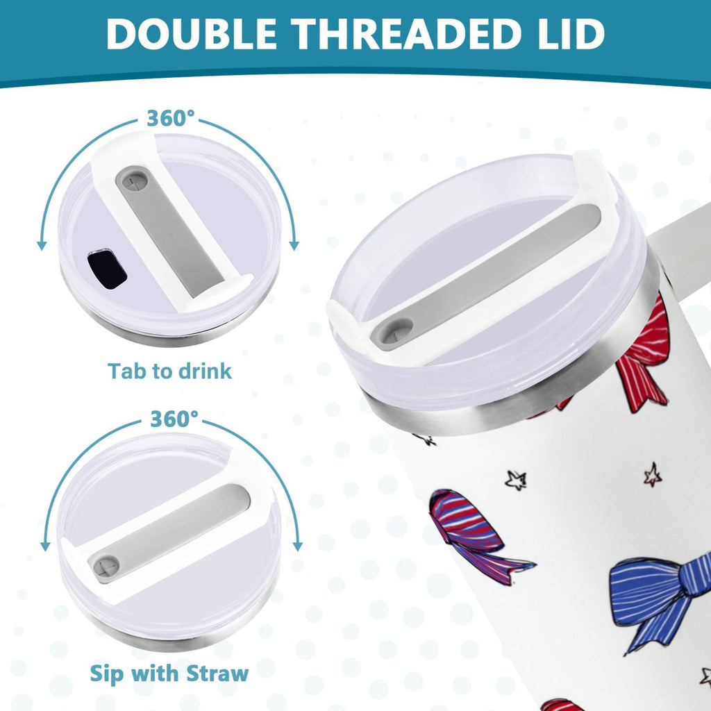 30 oz Insulated Stainless Steel Tumbler Double Wall Stainless Steel Tumbler with 2-Way Drinking Red and Blue Stripe Bows - Pick 524