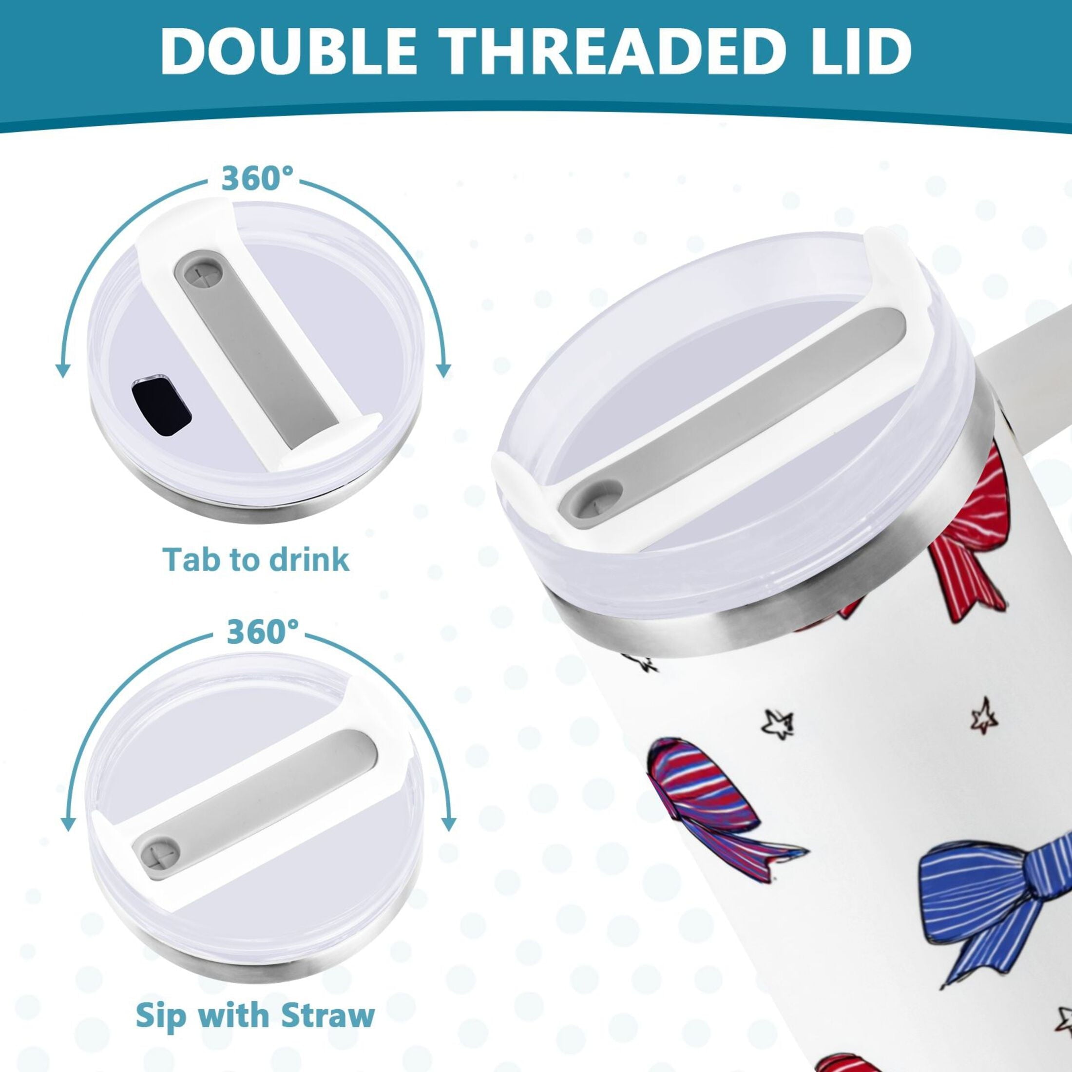 30 oz Insulated Stainless Steel Tumbler Double Wall Stainless Steel Tumbler with 2-Way Drinking Red and Blue Stripe Bows - Pick 524