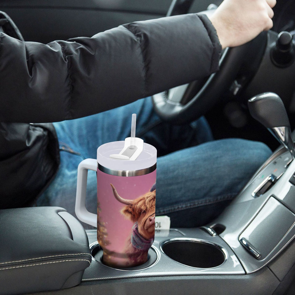 30 oz Insulated Stainless Steel Tumbler Double Wall Stainless Steel Tumbler with 2-Way Drinking Cow Wearing Christmas - Pick 543