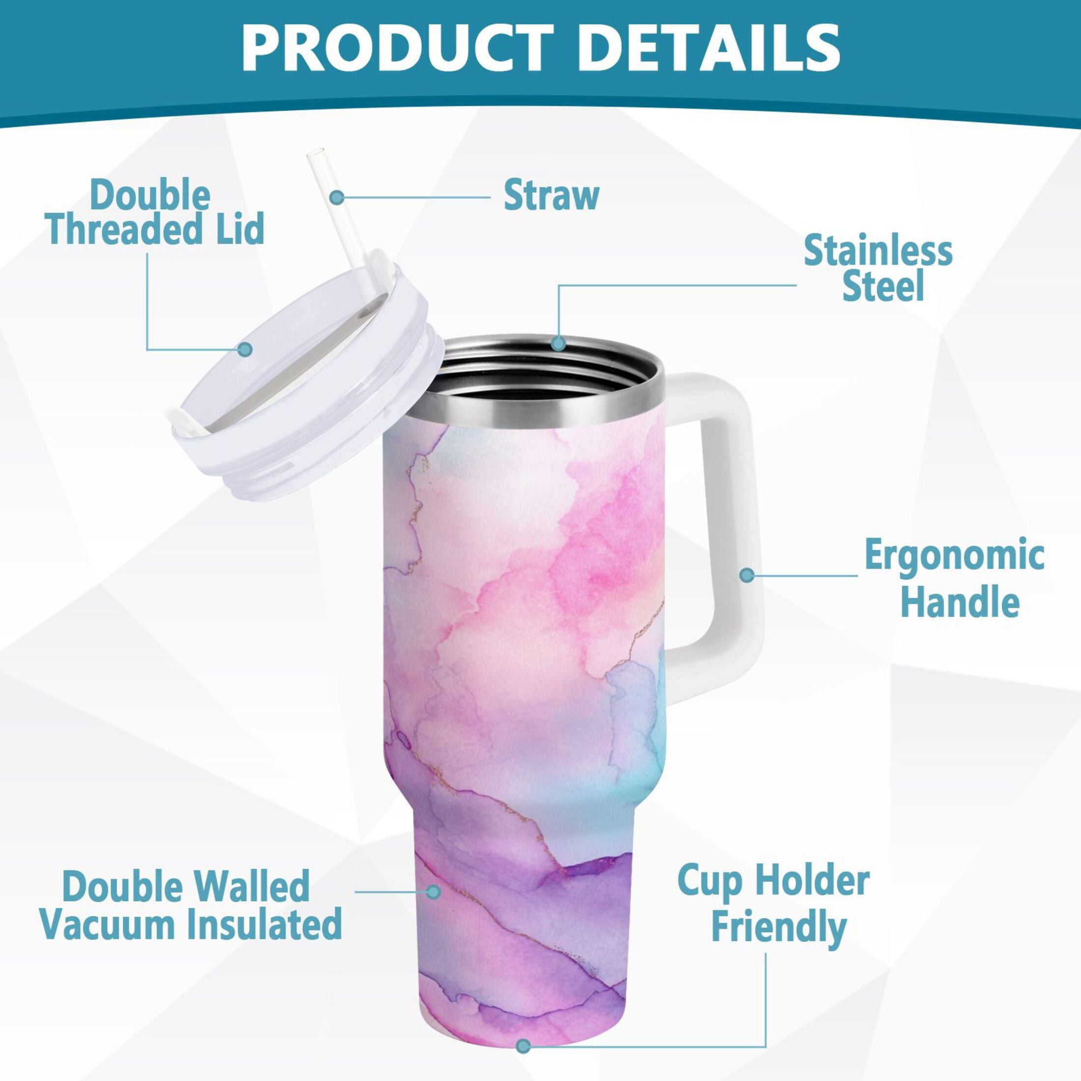 30 oz Insulated Stainless Steel Tumbler Double Wall Stainless Steel Tumbler with 2-Way Drinking Pastel Pink Marble Texture - Pick 761