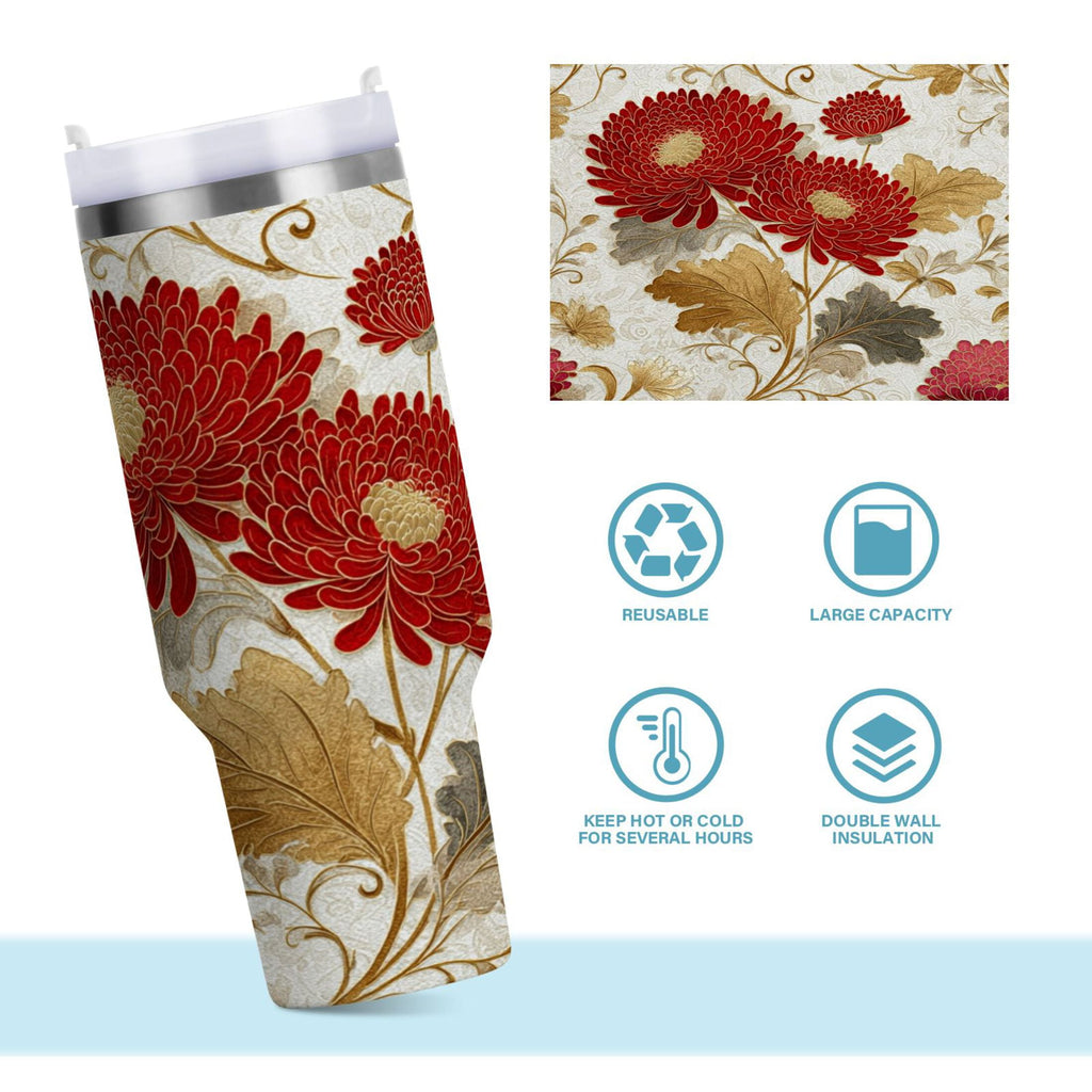 30 oz Insulated Stainless Steel Tumbler Double Wall Stainless Steel Tumbler with 2-Way Drinking Red Chrysanthemum Pattern - Pick 125