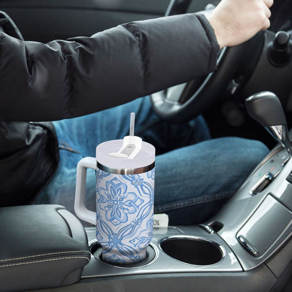 30 oz Insulated Stainless Steel Tumbler Double Wall Stainless Steel Tumbler with 2-Way Drinking Blue Elegant Geometric Design - Pick 988