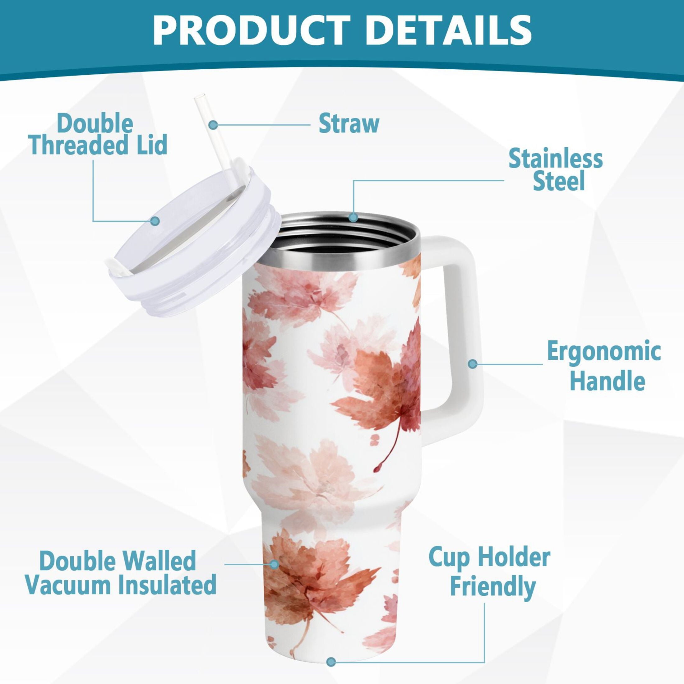 30 oz Insulated Stainless Steel Tumbler Double Wall Stainless Steel Tumbler with 2-Way Drinking Watercolor Pink Maple Leaves - Pick 199