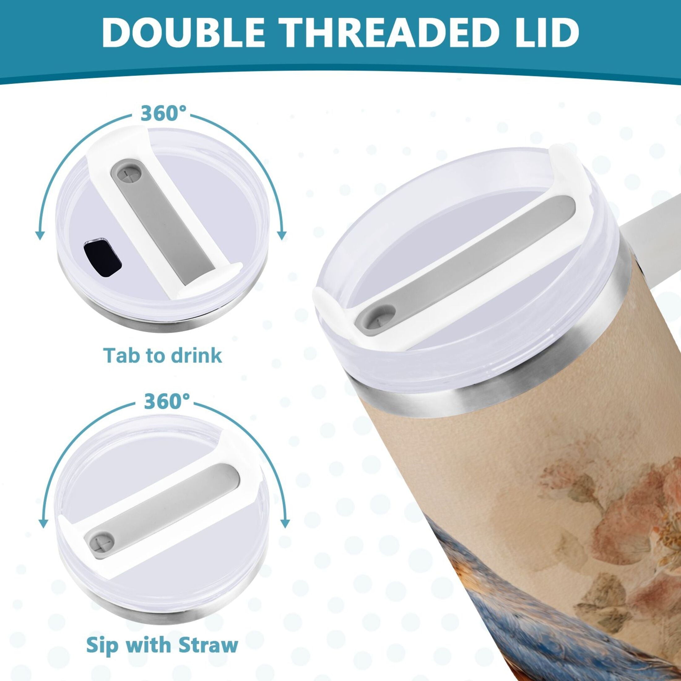 40 oz Insulated Stainless Steel Tumbler Double Wall Stainless Steel Tumbler with 2-Way Drinking Bluebird and Ancient Flowers - Pick 300