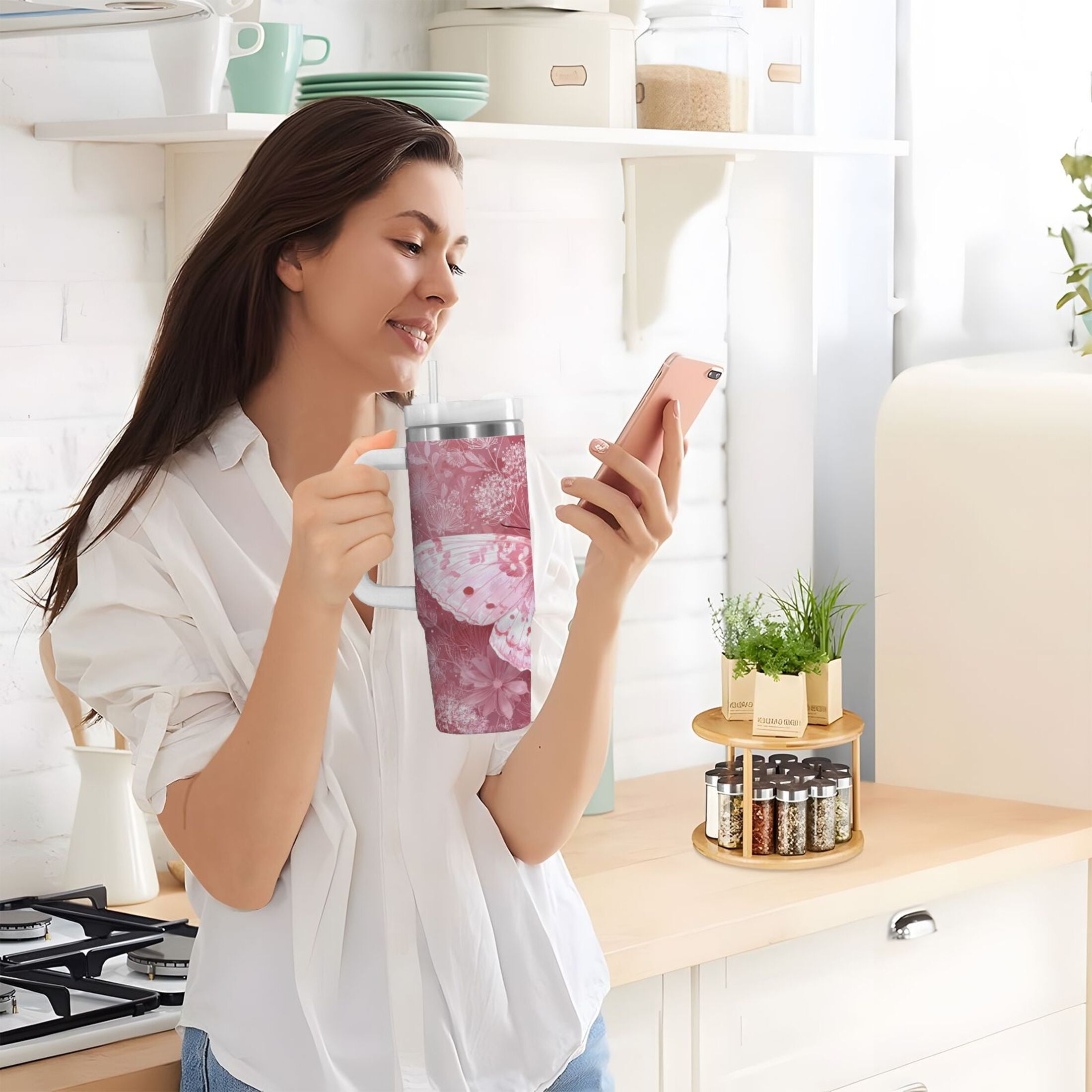 30 oz Insulated Stainless Steel Tumbler Double Wall Stainless Steel Tumbler with 2-Way Drinking Soft Pink Butterfly - Pick 641