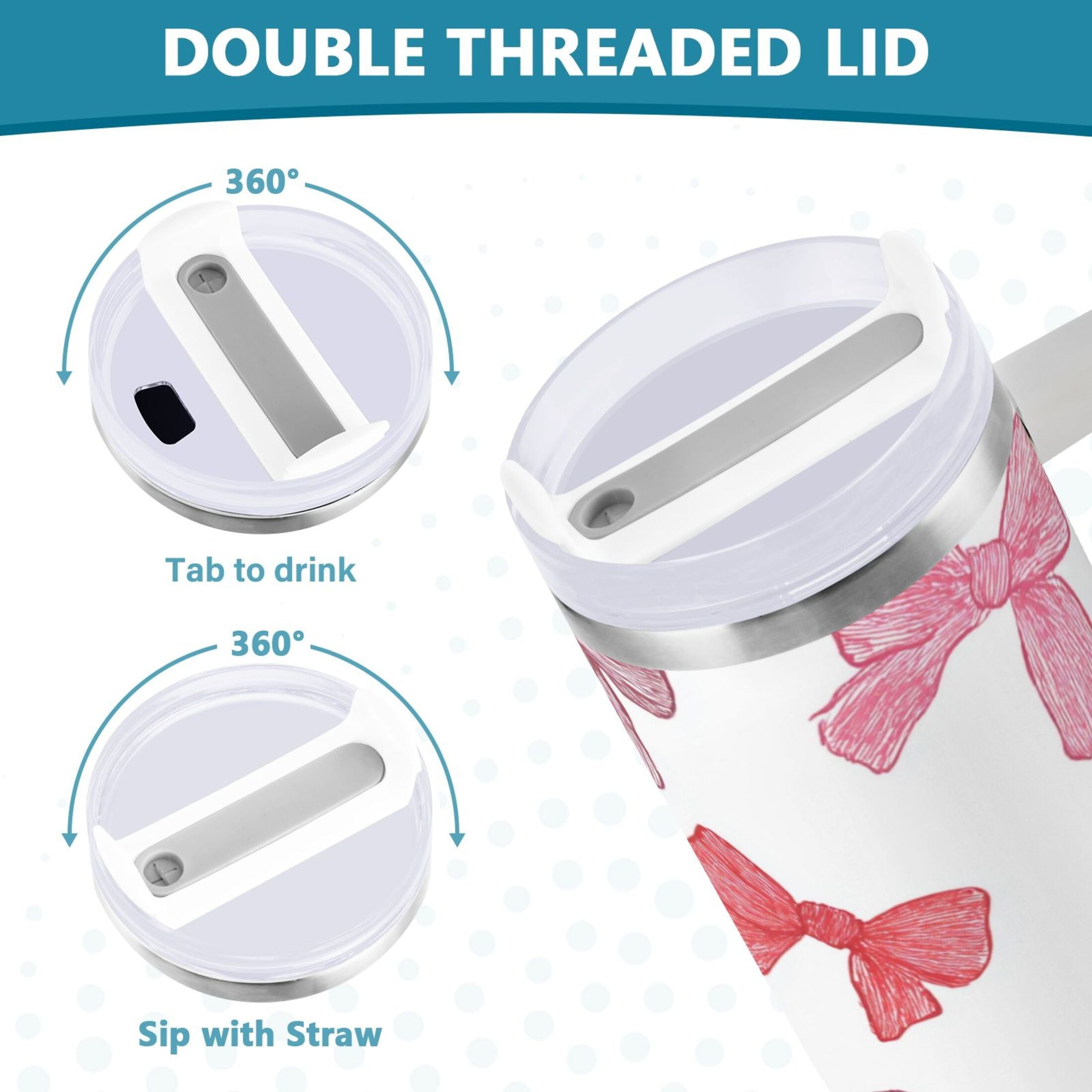 40 oz Insulated Stainless Steel Tumbler Double Wall Stainless Steel Tumbler with 2-Way Drinking Pink Bows Pattern - Pick 714