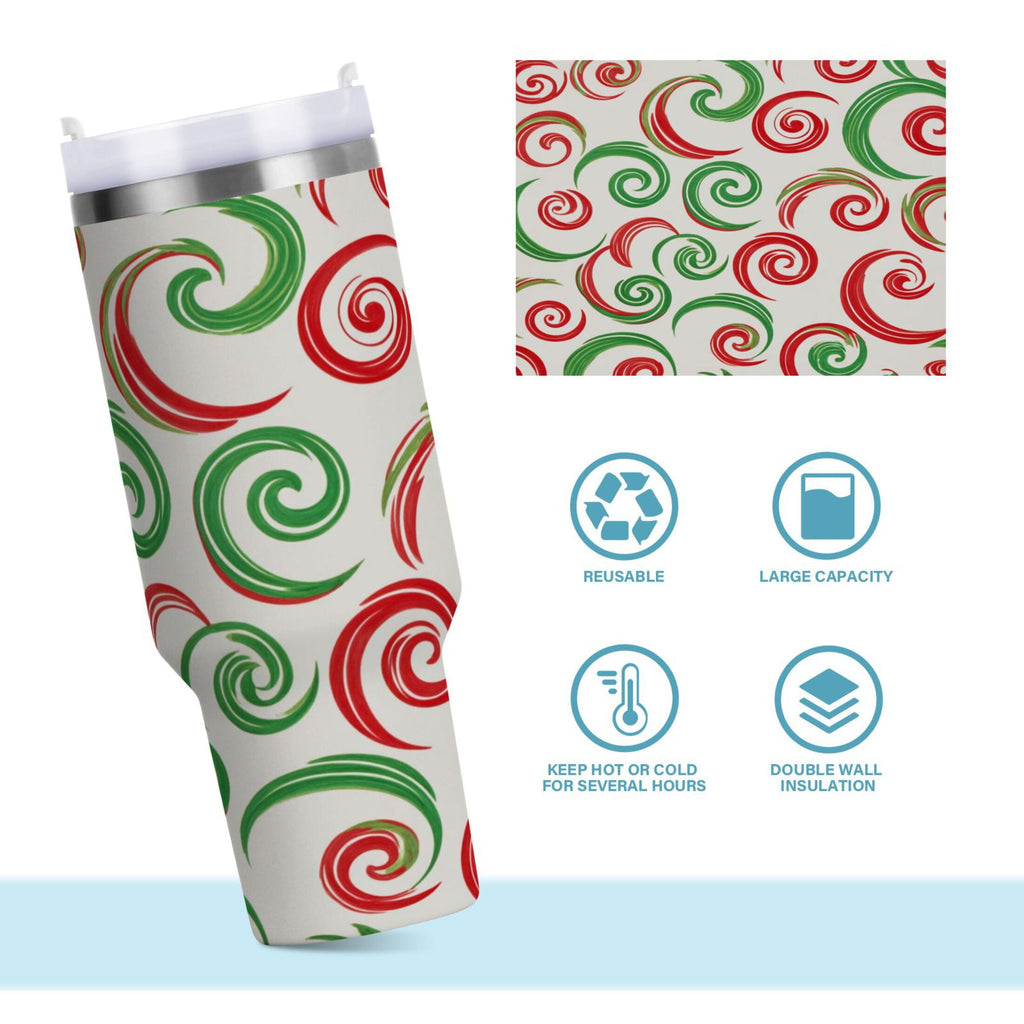 40 oz Insulated Stainless Steel Tumbler Double Wall Stainless Steel Tumbler with 2-Way Drinking Red and Green Swirls - Pick 387
