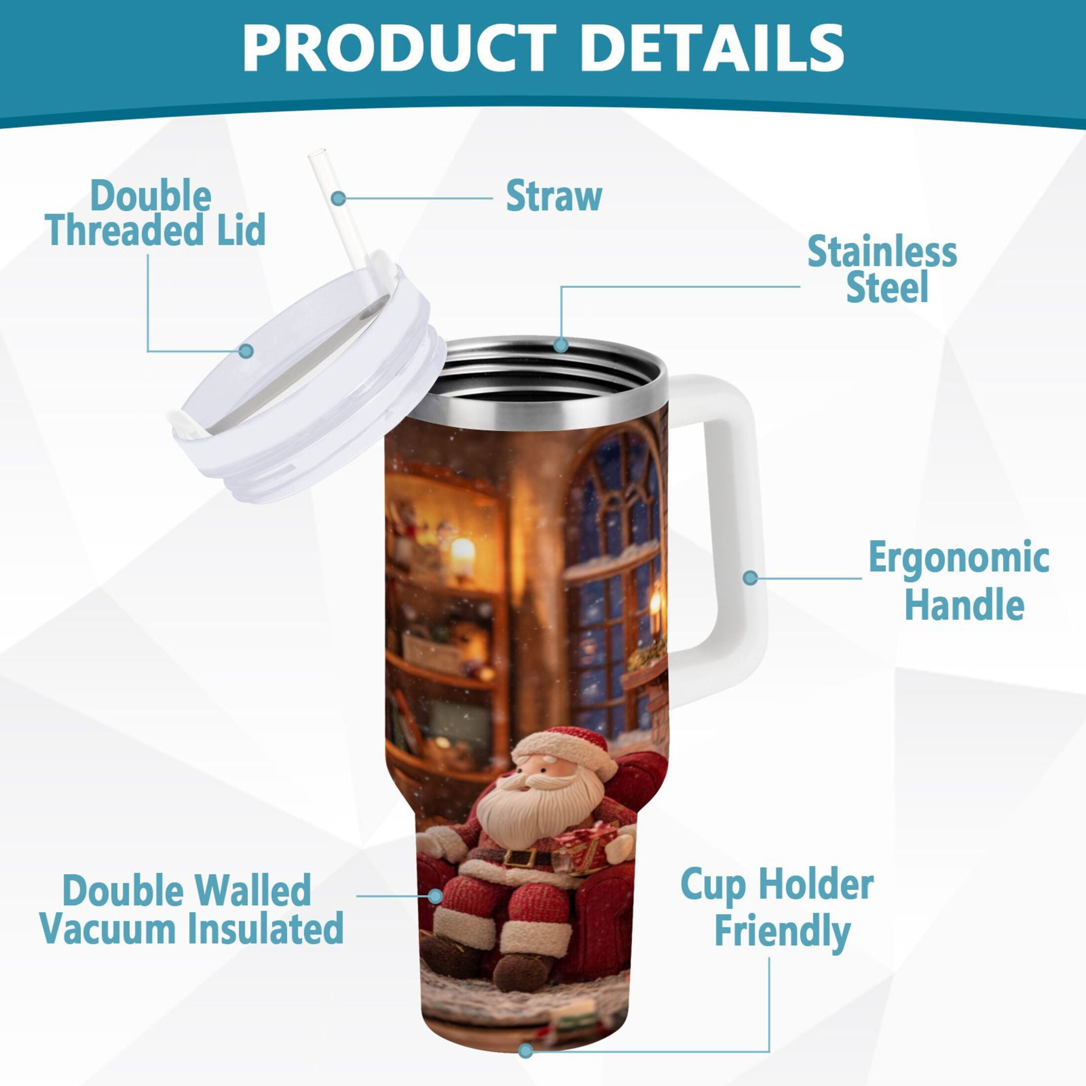 40 oz Insulated Stainless Steel Tumbler Double Wall Stainless Steel Tumbler with 2-Way Drinking Sitting Santa Claus - Pick 480