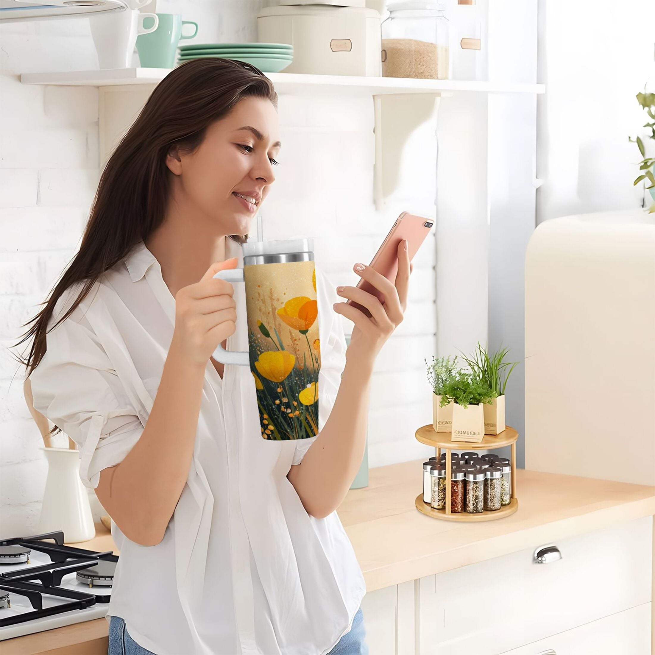 30 oz Insulated Stainless Steel Tumbler Double Wall Stainless Steel Tumbler with 2-Way Drinking Yellow Flowers on The Grass - Pick 565