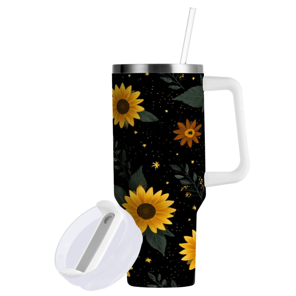 30 oz Insulated Stainless Steel Tumbler Double Wall Stainless Steel Tumbler with 2-Way Drinking Yellow Sunflower Pattern - Pick 808