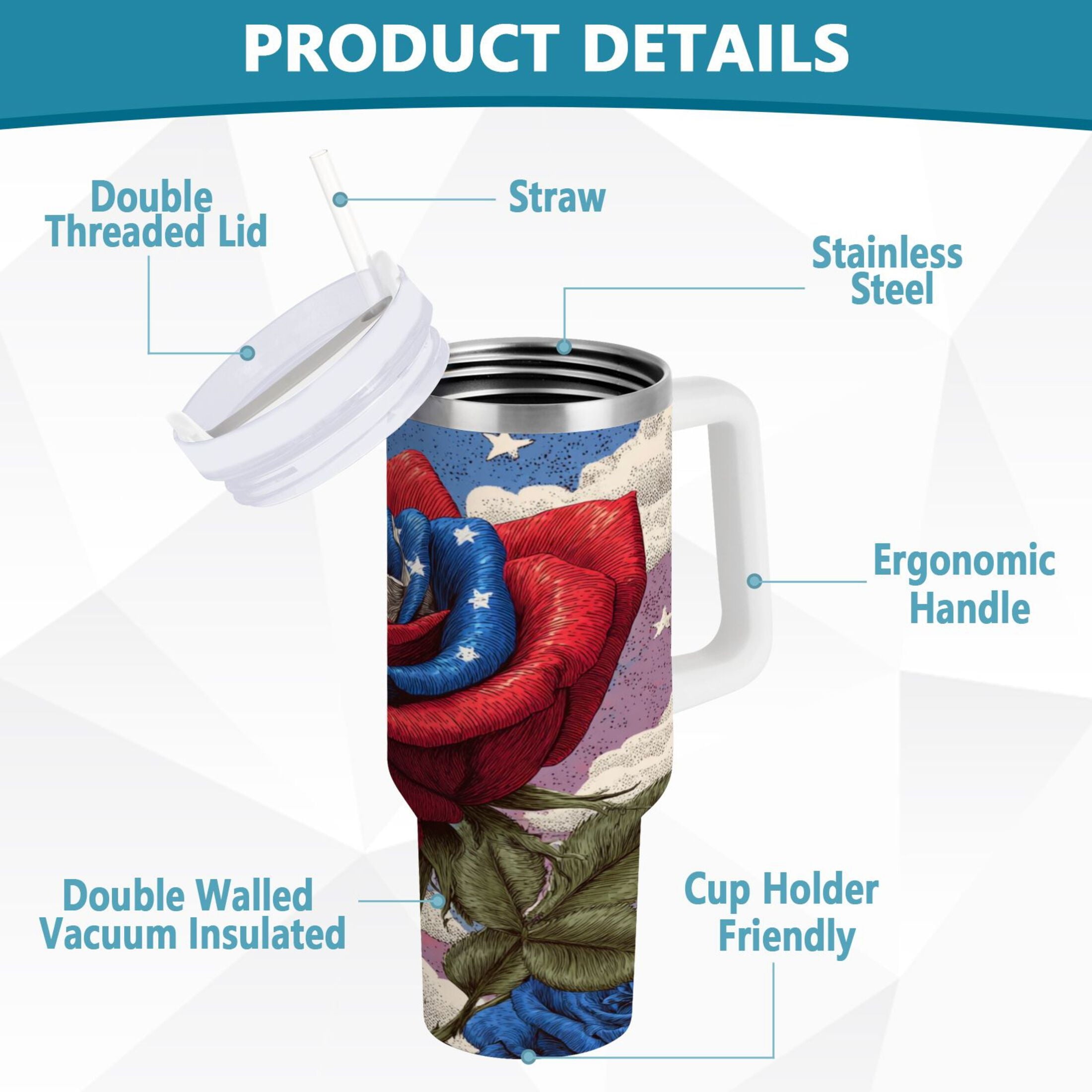 40 oz Insulated Stainless Steel Tumbler Double Wall Stainless Steel Tumbler with 2-Way Drinking Roses and Clouds - Pick 511