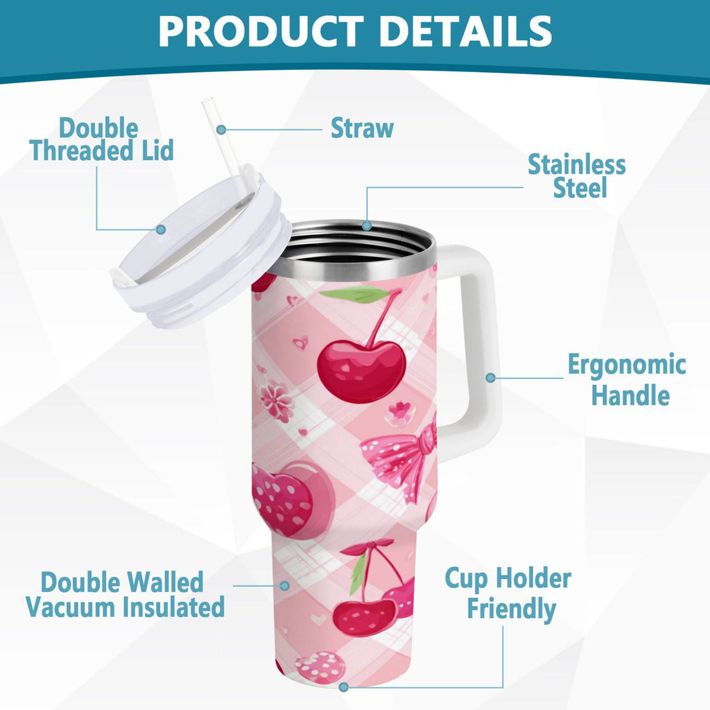 30 oz Insulated Stainless Steel Tumbler Double Wall Stainless Steel Tumbler with 2-Way Drinking Cherry and Pink Bow Pattern - Pick 760