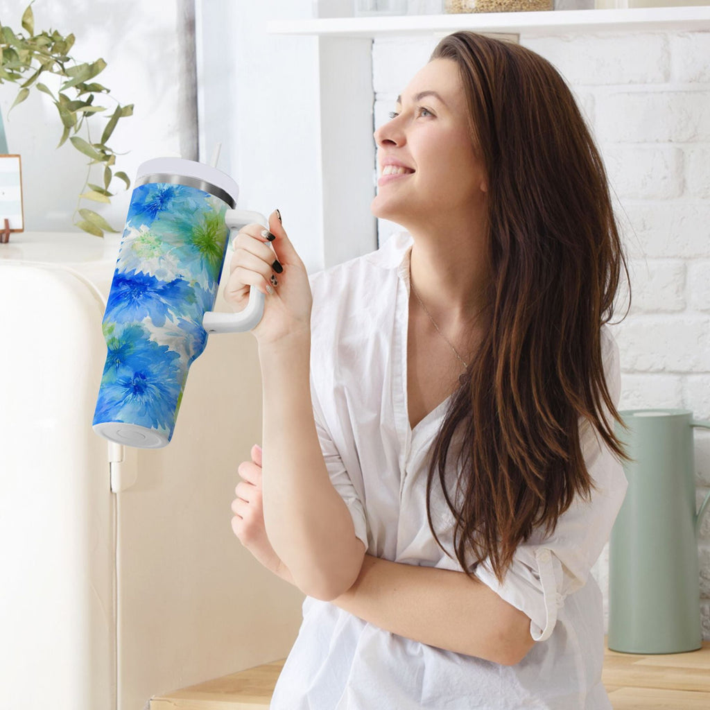 40 oz Insulated Stainless Steel Tumbler Double Wall Stainless Steel Tumbler with 2-Way Drinking Watercolor Blue Cornflowers - Pick 274