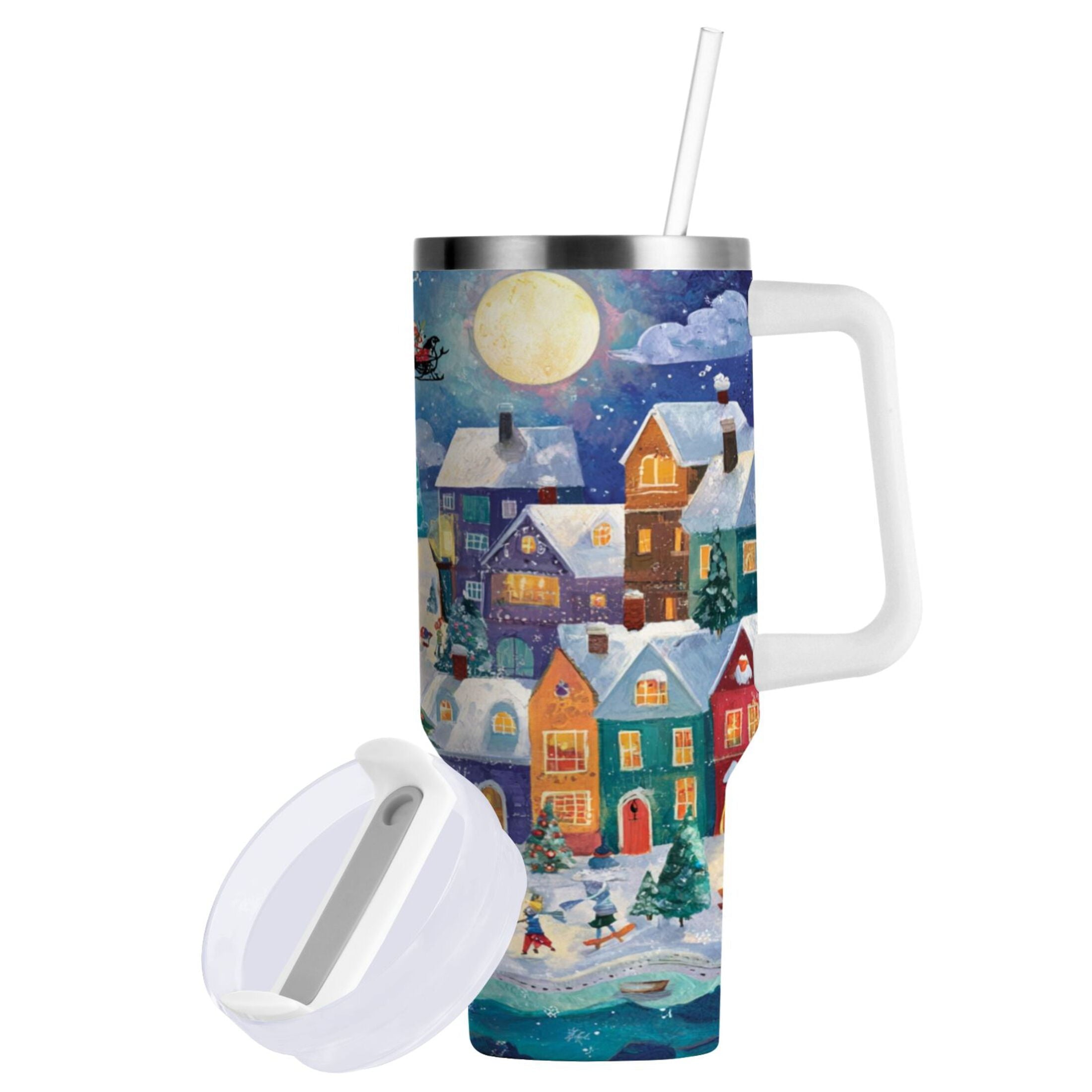 30 oz Insulated Stainless Steel Tumbler Double Wall Stainless Steel Tumbler with 2-Way Drinking Charming Christmas Scene - Pick 932