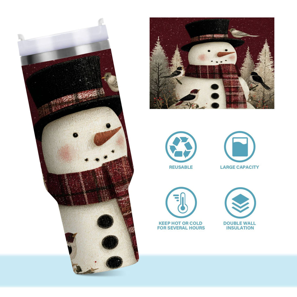 30 oz Insulated Stainless Steel Tumbler Double Wall Stainless Steel Tumbler with 2-Way Drinking Snowman and Birds - Pick 548