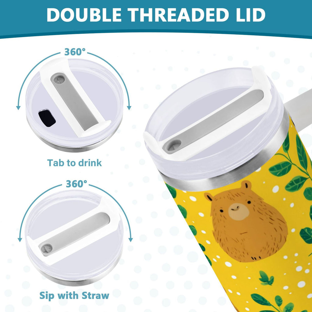 30 oz Insulated Stainless Steel Tumbler Double Wall Stainless Steel Tumbler with 2-Way Drinking Capybara and Green Leaves - Pick 608