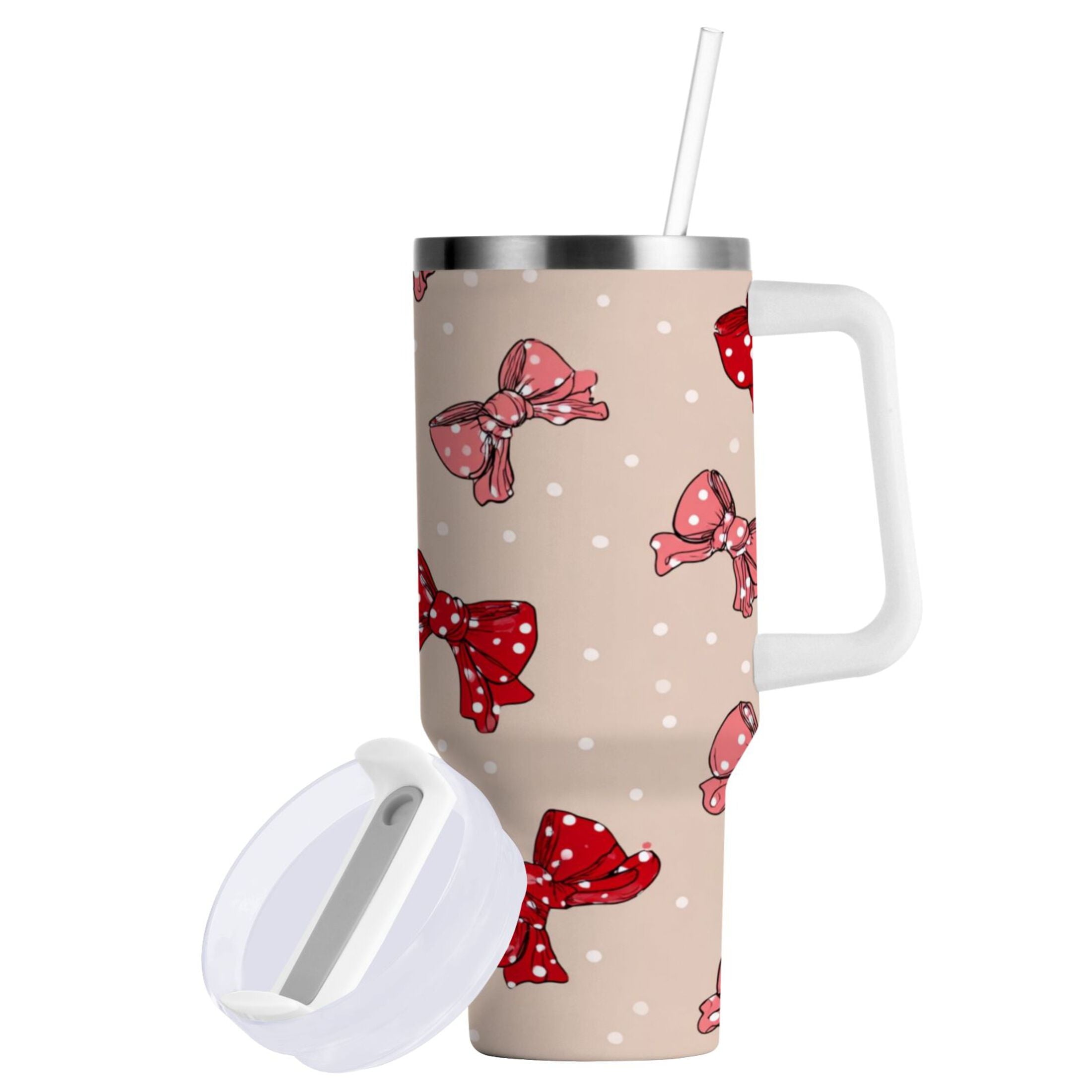 30 oz Insulated Stainless Steel Tumbler Double Wall Stainless Steel Tumbler with 2-Way Drinking Cute Red Bows Pattern - Pick 205