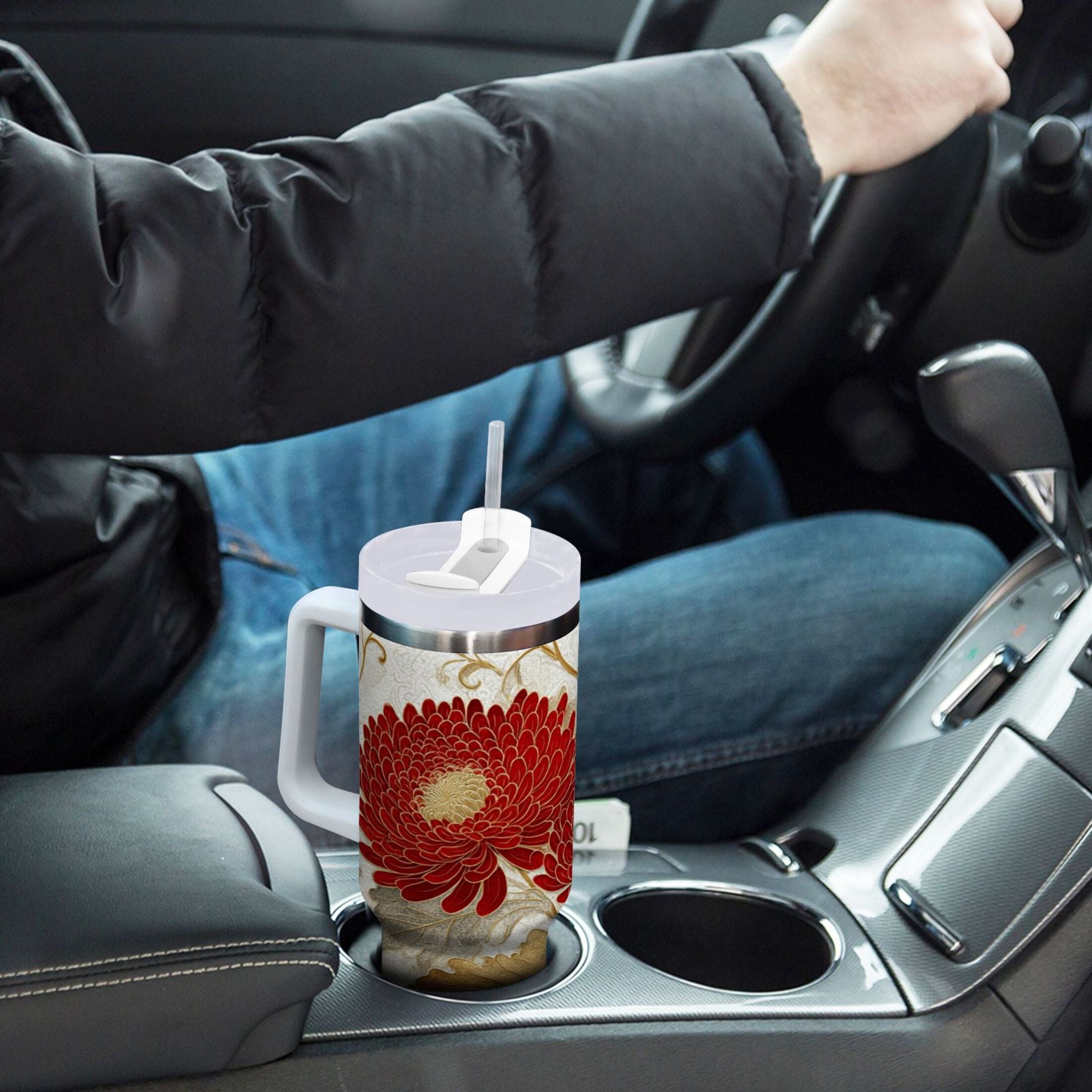 30 oz Insulated Stainless Steel Tumbler Double Wall Stainless Steel Tumbler with 2-Way Drinking Red Chrysanthemum Pattern - Pick 125