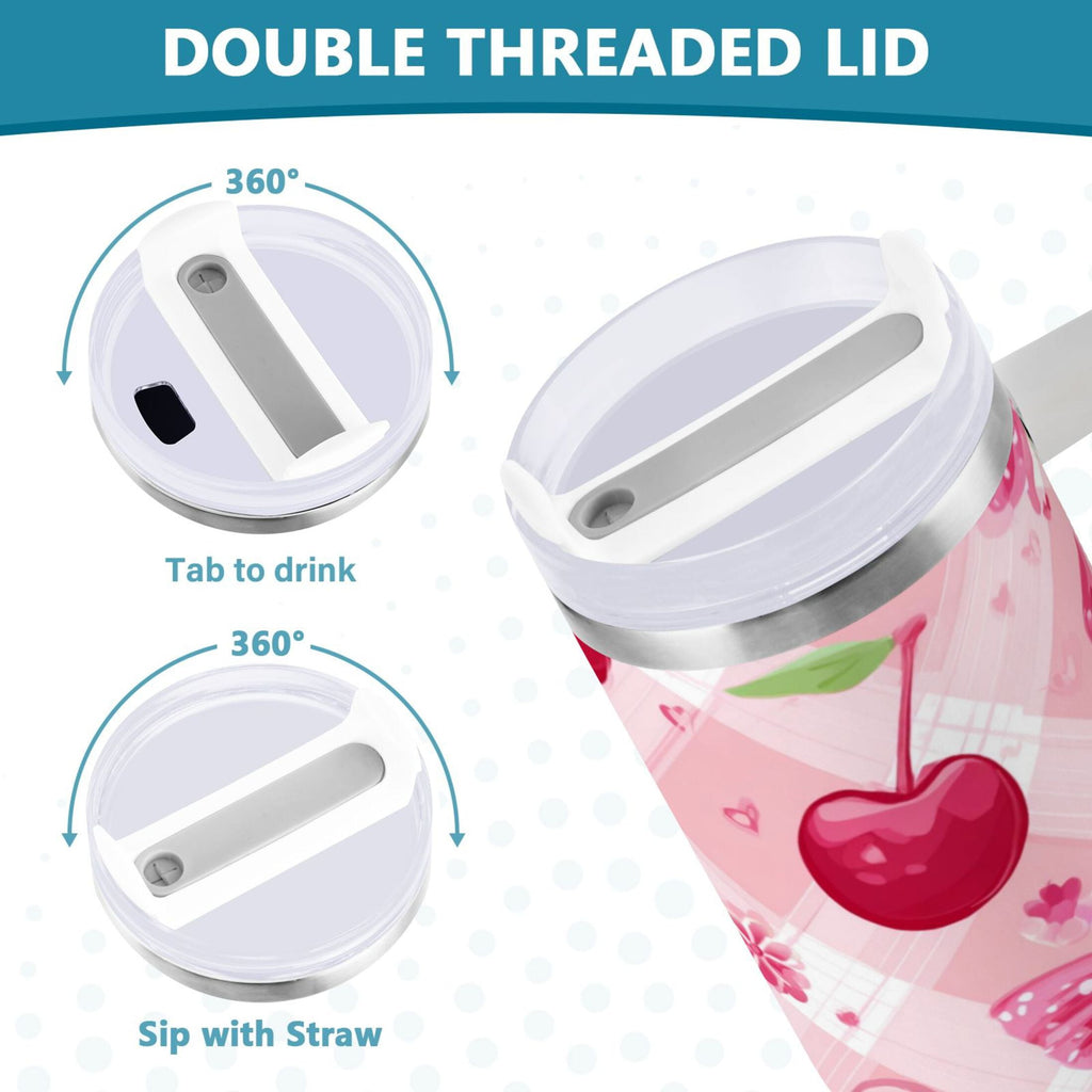 30 oz Insulated Stainless Steel Tumbler Double Wall Stainless Steel Tumbler with 2-Way Drinking Cherry and Pink Bow Pattern - Pick 760