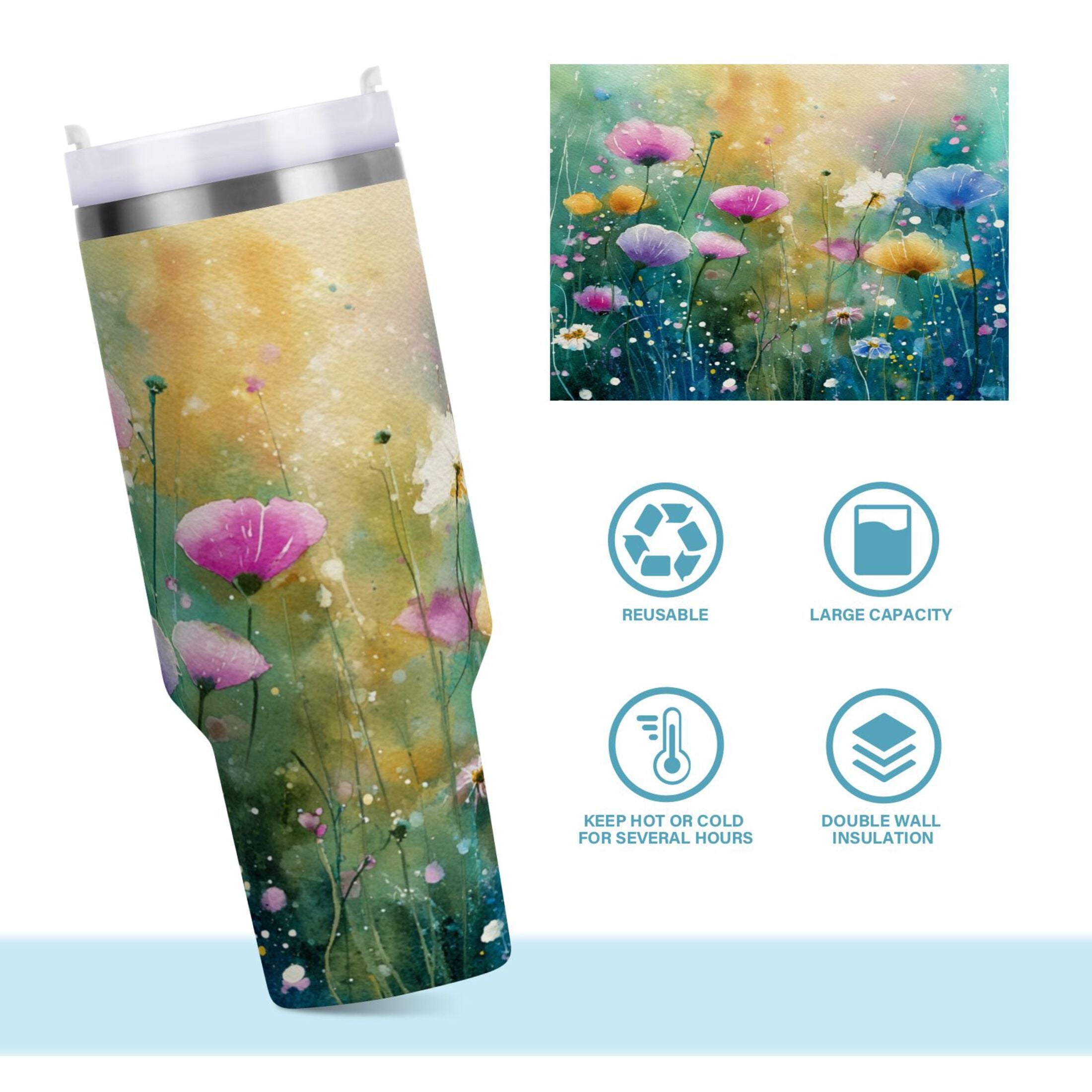 30 oz Insulated Stainless Steel Tumbler Double Wall Stainless Steel Tumbler with 2-Way Drinking Watercolor Wildflowers - Pick 648