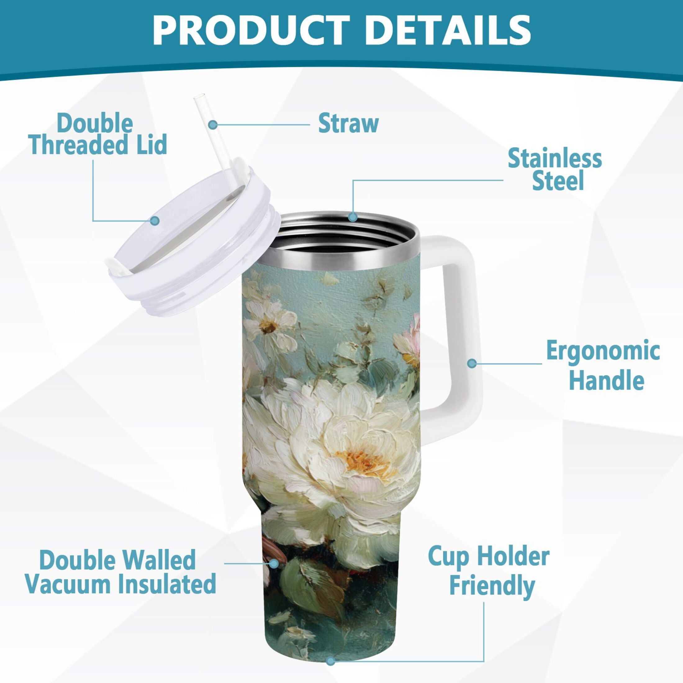 40 oz Insulated Stainless Steel Tumbler Double Wall Stainless Steel Tumbler with 2-Way Drinking Vintage Peonies and Daisies - Pick 466