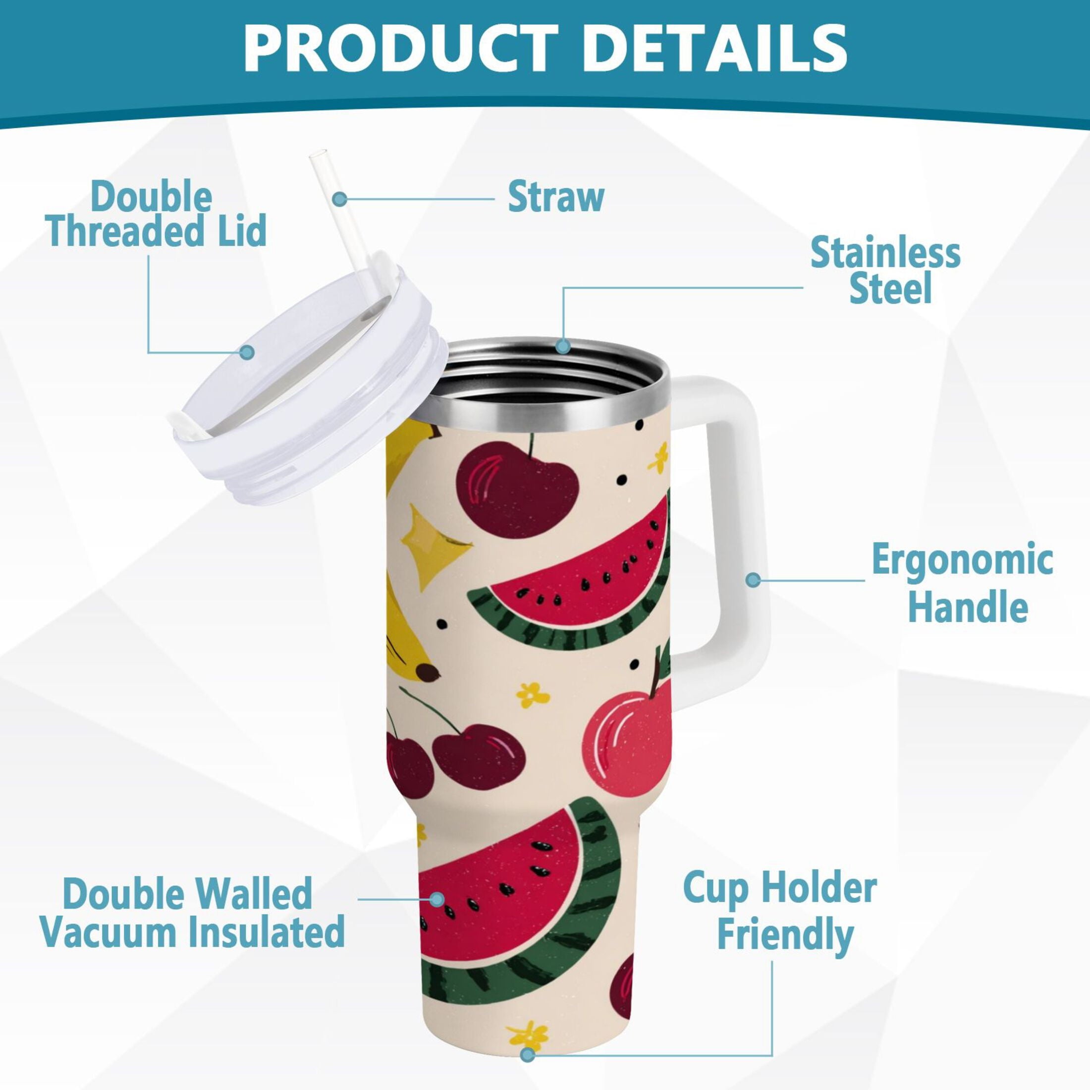 30 oz Insulated Stainless Steel Tumbler Double Wall Stainless Steel Tumbler with 2-Way Drinking Watermelon and Cherries - Pick 278