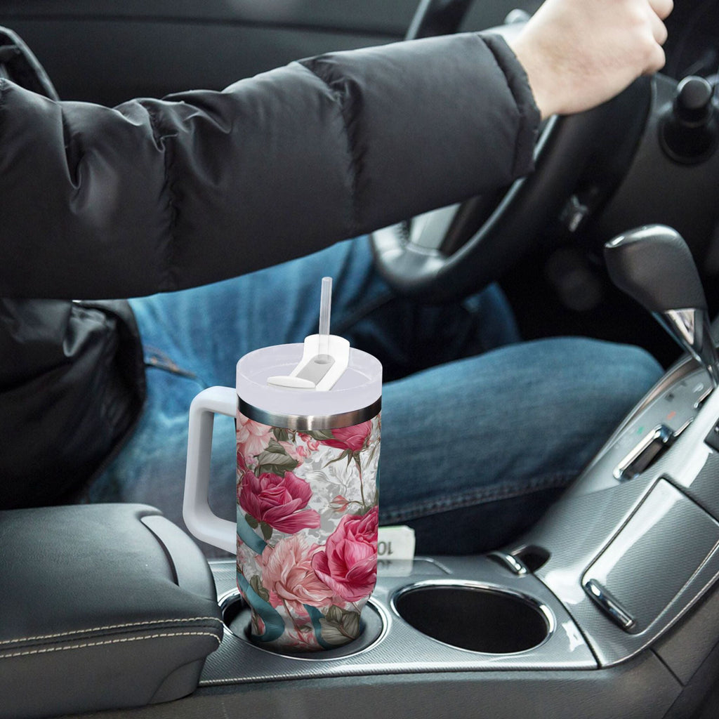 30 oz Insulated Stainless Steel Tumbler Double Wall Stainless Steel Tumbler with 2-Way Drinking Roses and Ribbons - Pick 565