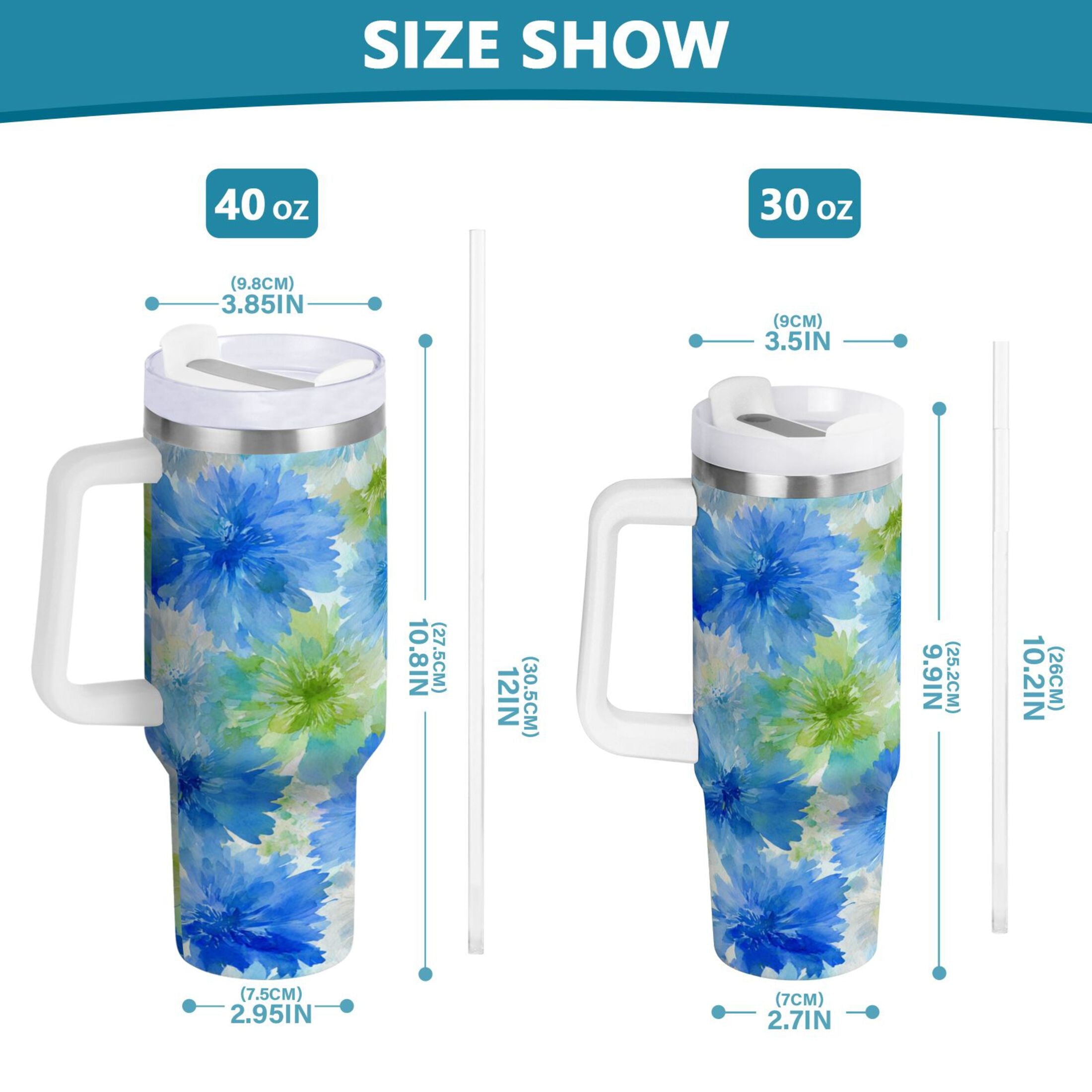 40 oz Insulated Stainless Steel Tumbler Double Wall Stainless Steel Tumbler with 2-Way Drinking Watercolor Blue Cornflowers - Pick 274
