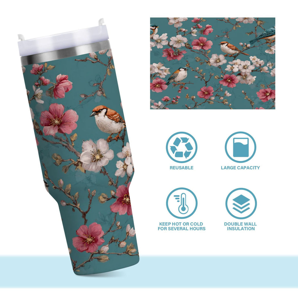 30 oz Insulated Stainless Steel Tumbler Double Wall Stainless Steel Tumbler with 2-Way Drinking Birds and Cherry Pattern - Pick 725