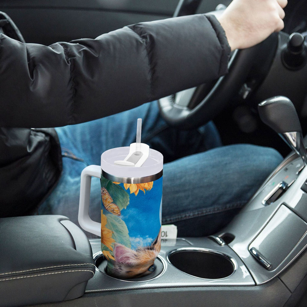 40 oz Insulated Stainless Steel Tumbler Double Wall Stainless Steel Tumbler with 2-Way Drinking Playful Cat Lying Sunflowers - Pick 924