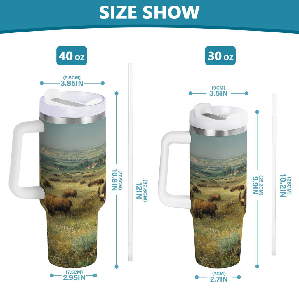 30 oz Insulated Stainless Steel Tumbler Double Wall Stainless Steel Tumbler with 2-Way Drinking Buffalo Herd Oil Painting - Pick 629