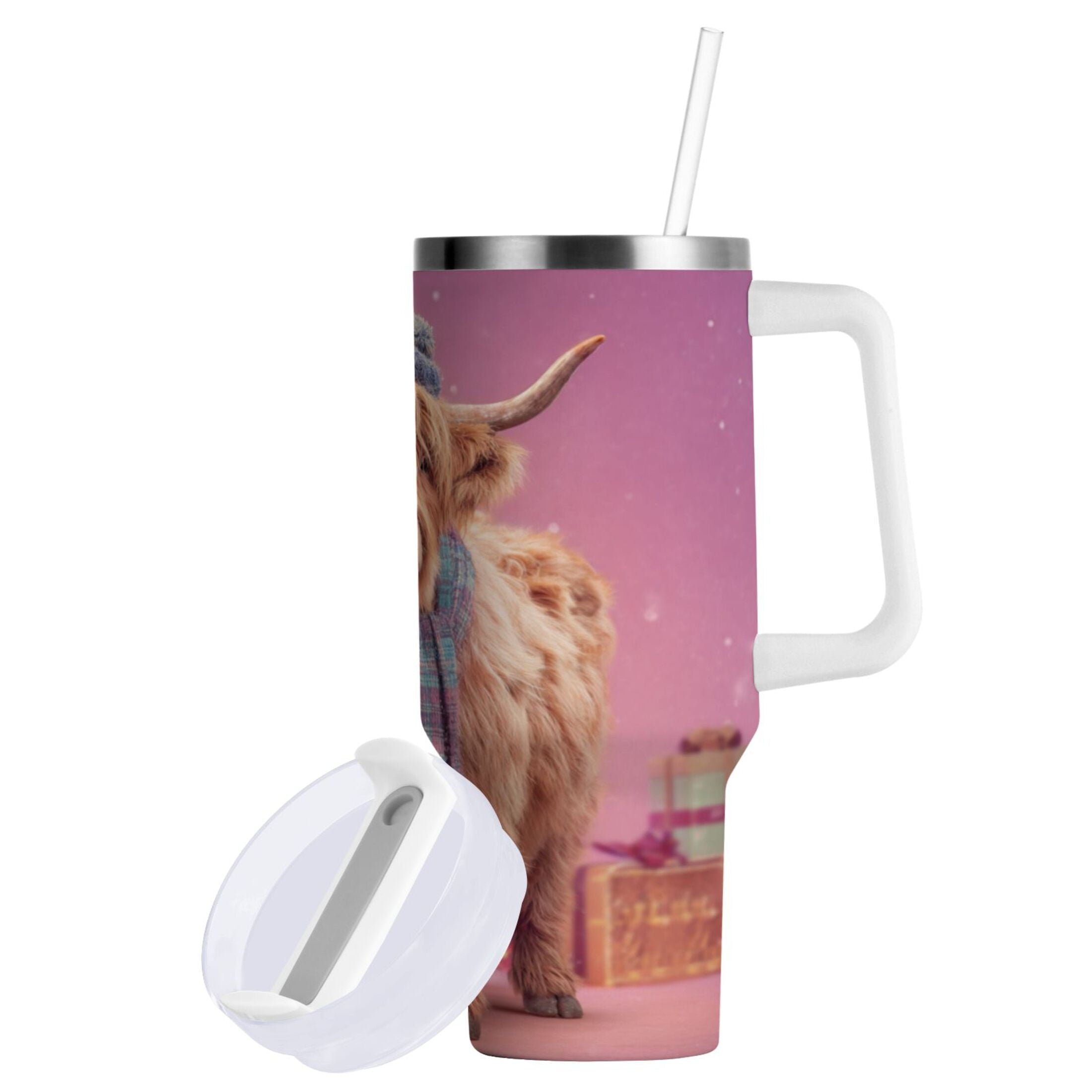 30 oz Insulated Stainless Steel Tumbler Double Wall Stainless Steel Tumbler with 2-Way Drinking Cow Wearing Christmas - Pick 543