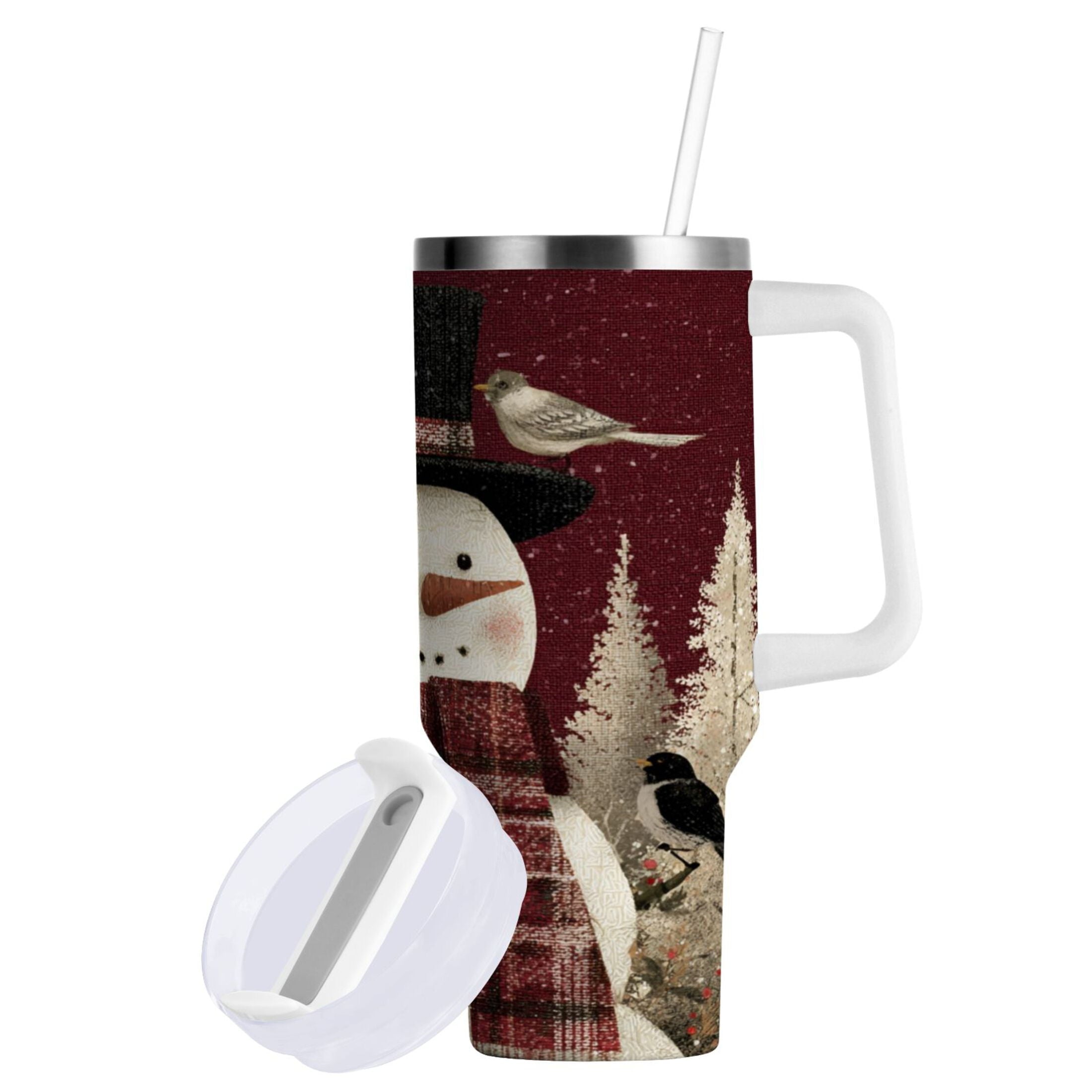 30 oz Insulated Stainless Steel Tumbler Double Wall Stainless Steel Tumbler with 2-Way Drinking Snowman and Birds - Pick 548