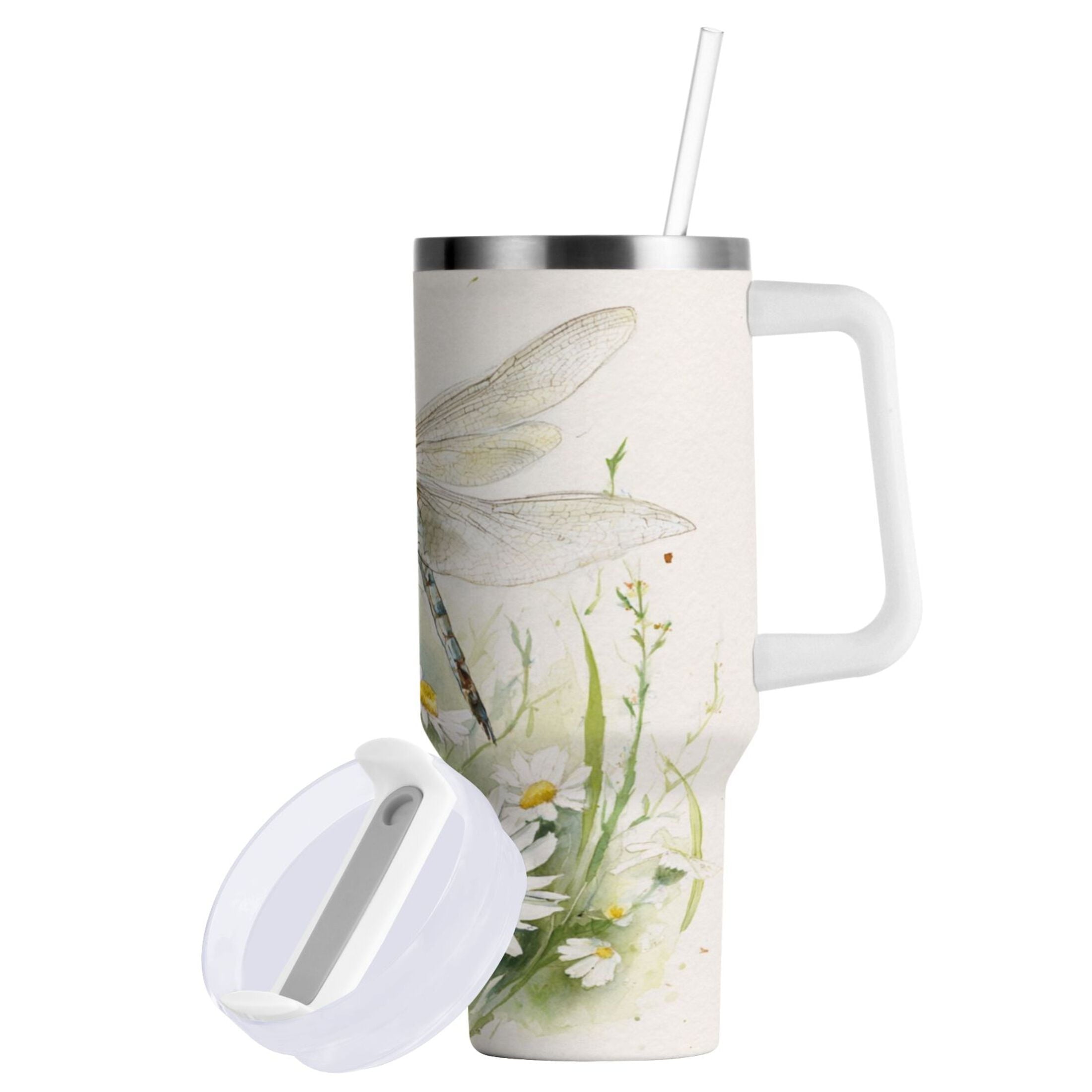 30 oz Insulated Stainless Steel Tumbler Double Wall Stainless Steel Tumbler with 2-Way Drinking Dragonflies with White Daisies - Pick 586