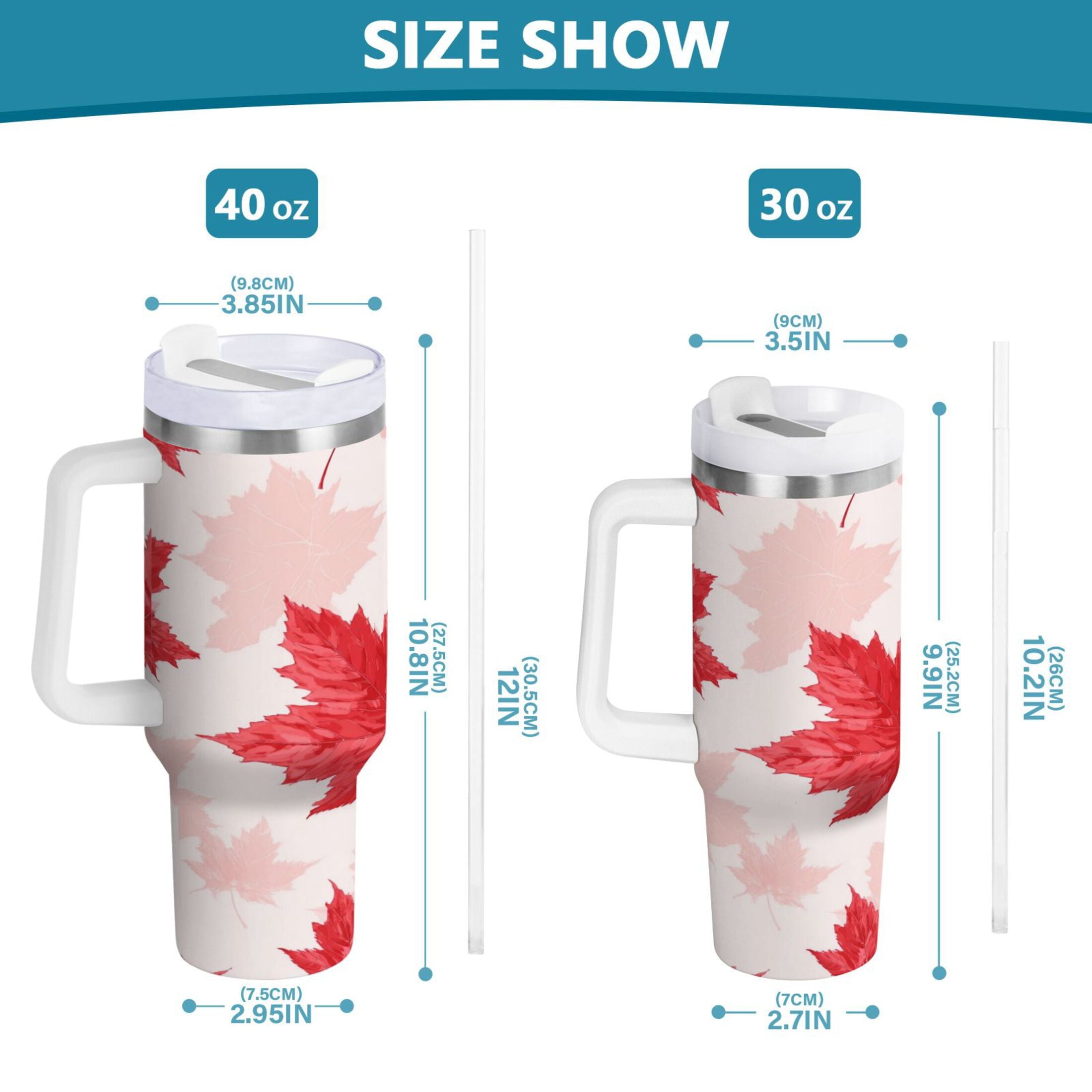40 oz Insulated Stainless Steel Tumbler Double Wall Stainless Steel Tumbler with 2-Way Drinking Red Maple Leaves Pattern - Pick 662