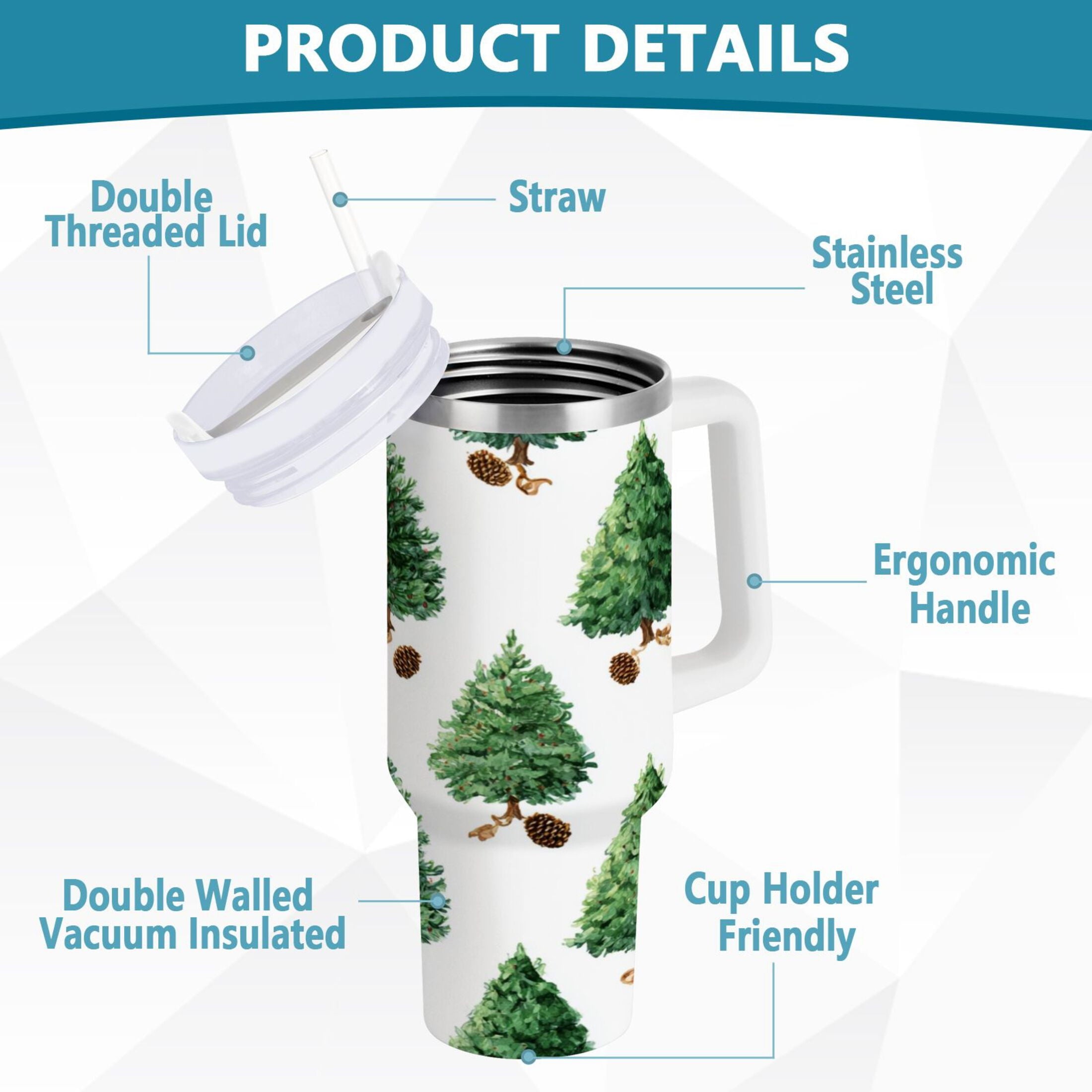 30 oz Insulated Stainless Steel Tumbler Double Wall Stainless Steel Tumbler with 2-Way Drinking Watercolor Green Christmas Tree - Pick 477