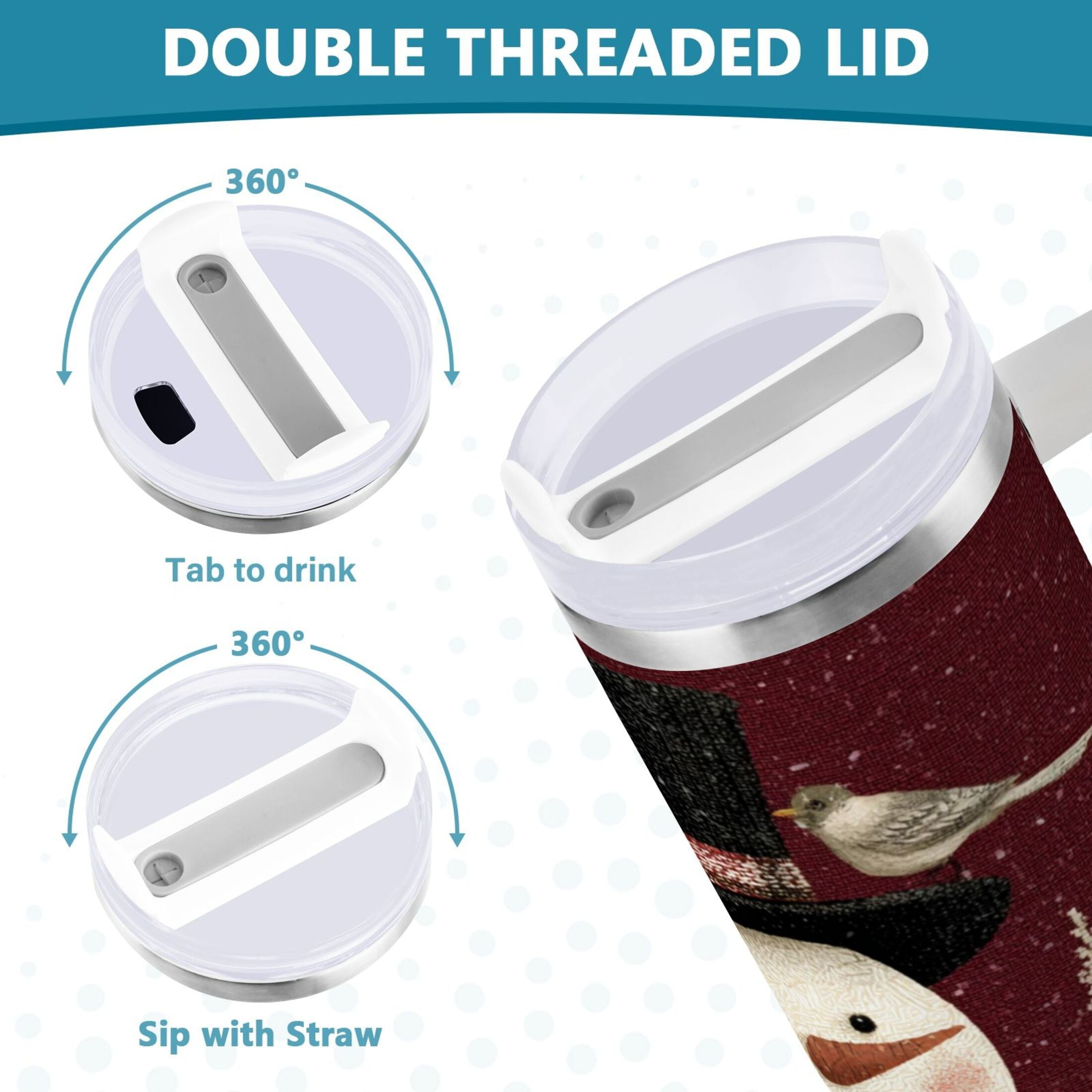 30 oz Insulated Stainless Steel Tumbler Double Wall Stainless Steel Tumbler with 2-Way Drinking Snowman and Birds - Pick 548