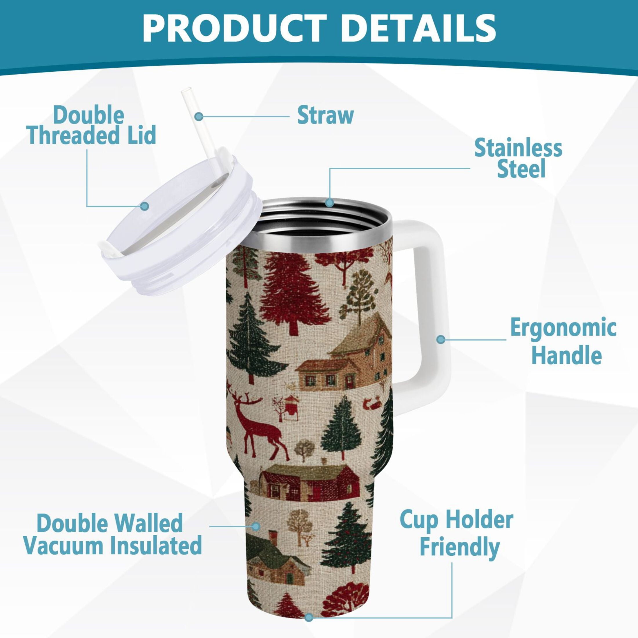30 oz Insulated Stainless Steel Tumbler Double Wall Stainless Steel Tumbler with 2-Way Drinking Christmas Trees Deer and Houses - Pick 981