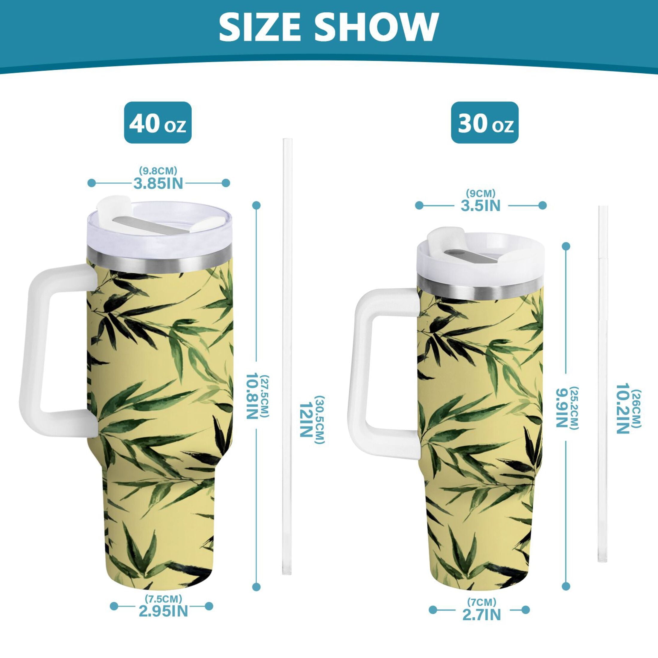 30 oz Insulated Stainless Steel Tumbler Double Wall Stainless Steel Tumbler with 2-Way Drinking Bamboo and Green Leaves - Pick 645