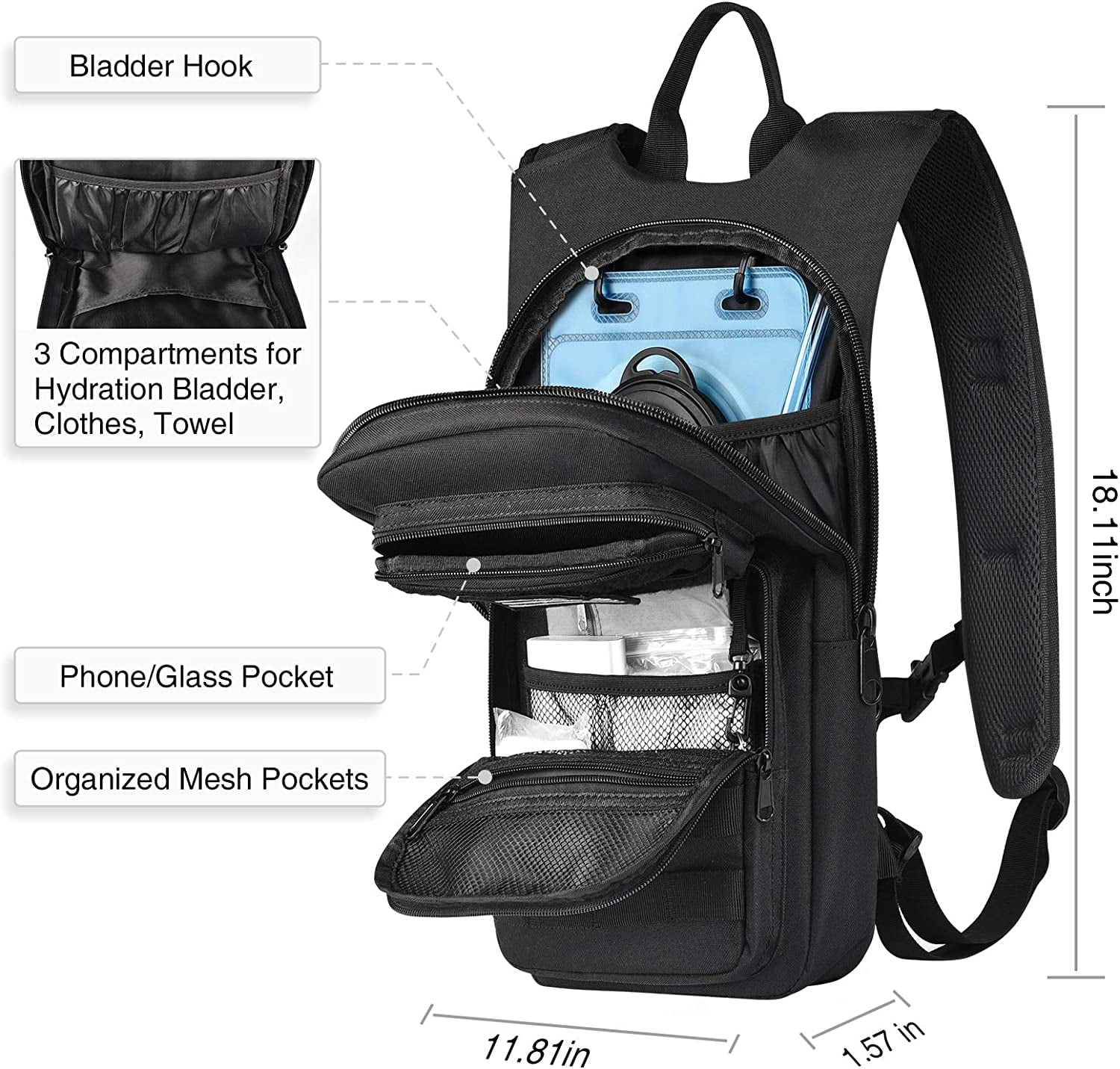 Brightify 17L Hydration Backpack with 3L TPU Water Bladder, Camel Backpack Hydration Pack for Hiking Hunting Climbing Cycling Biking Running, Molle Compatible Water Backpack for Men Women, Black - Pick 261