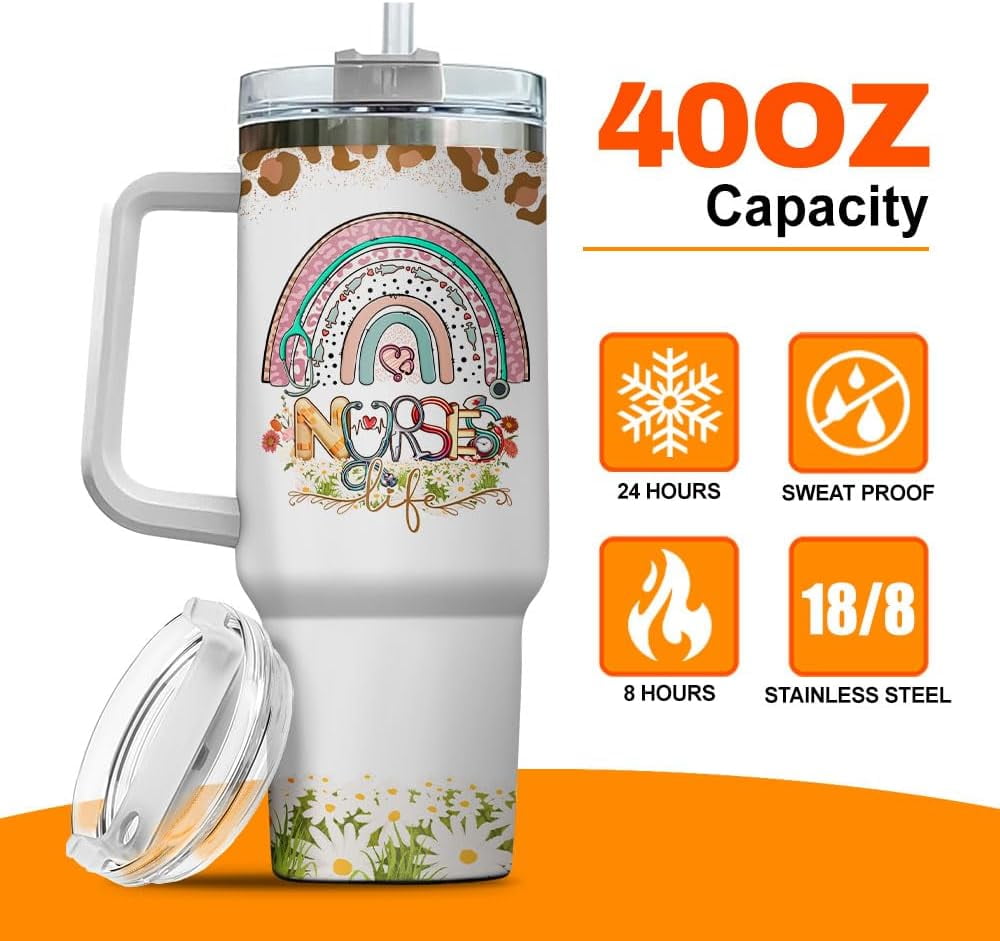 Tumbler 40 Oz With Handle Lid And Straw, Nurse Gifts, Black Camo White Engraved Print Travel Nurses Tumblers Handle Funny Cups Nursing For, Great Nurse Rainbow Daisy Flower - Pick 979